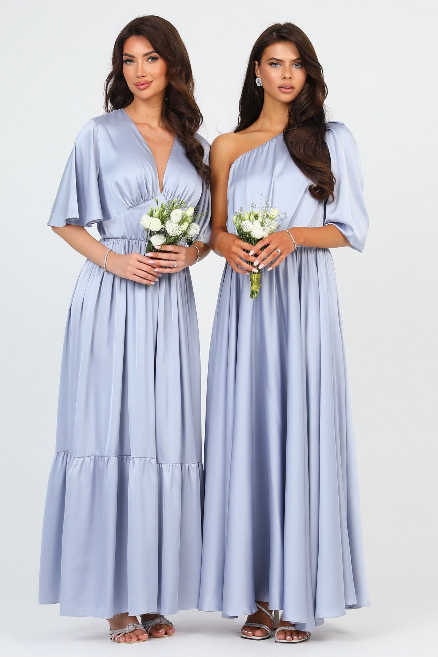 Silver Dusty Blue Silk Satin Dress V Neckline Flutter Sleeves