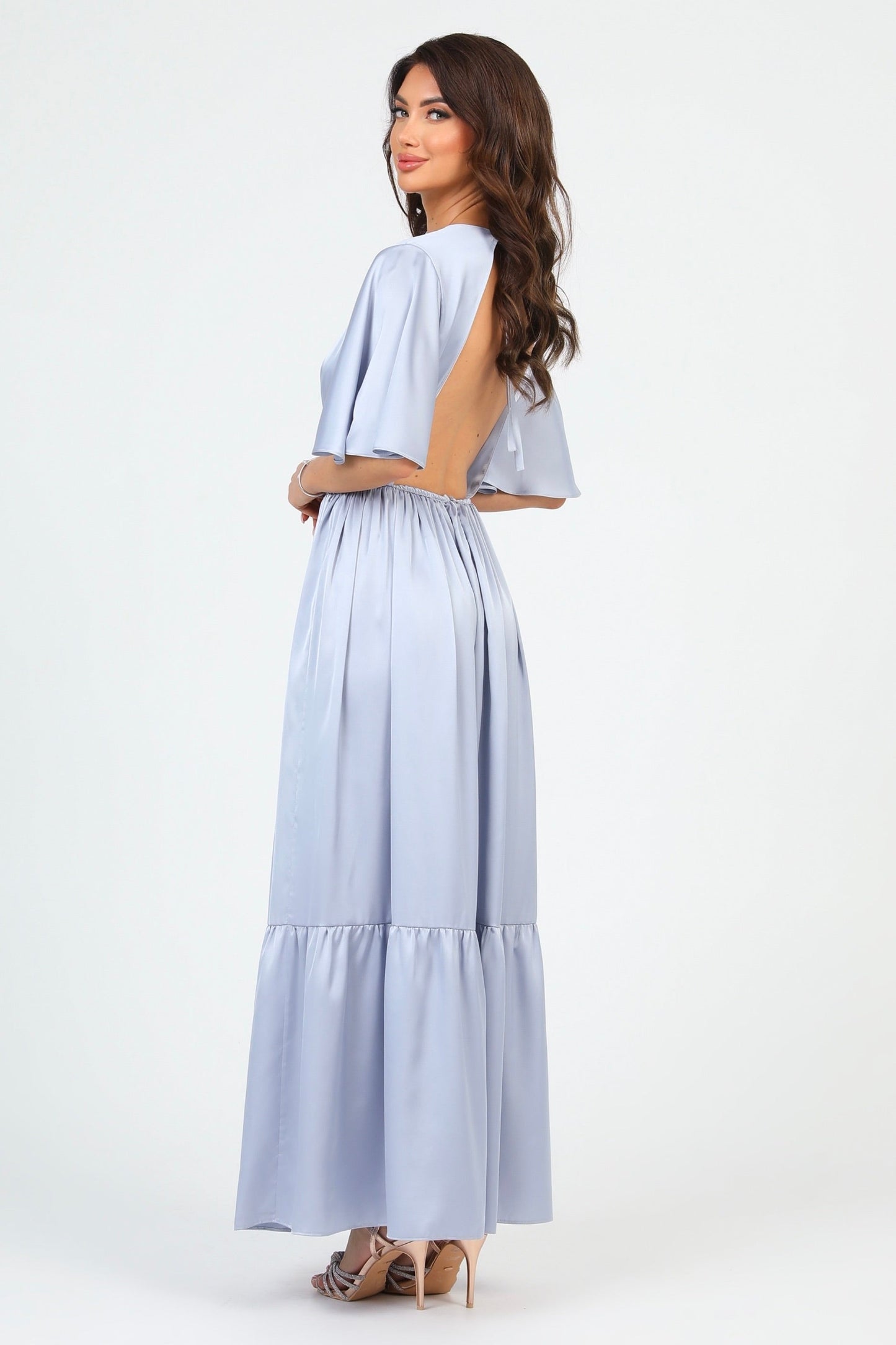 Silver Dusty Blue Silk Satin Dress V Neckline Flutter Sleeves