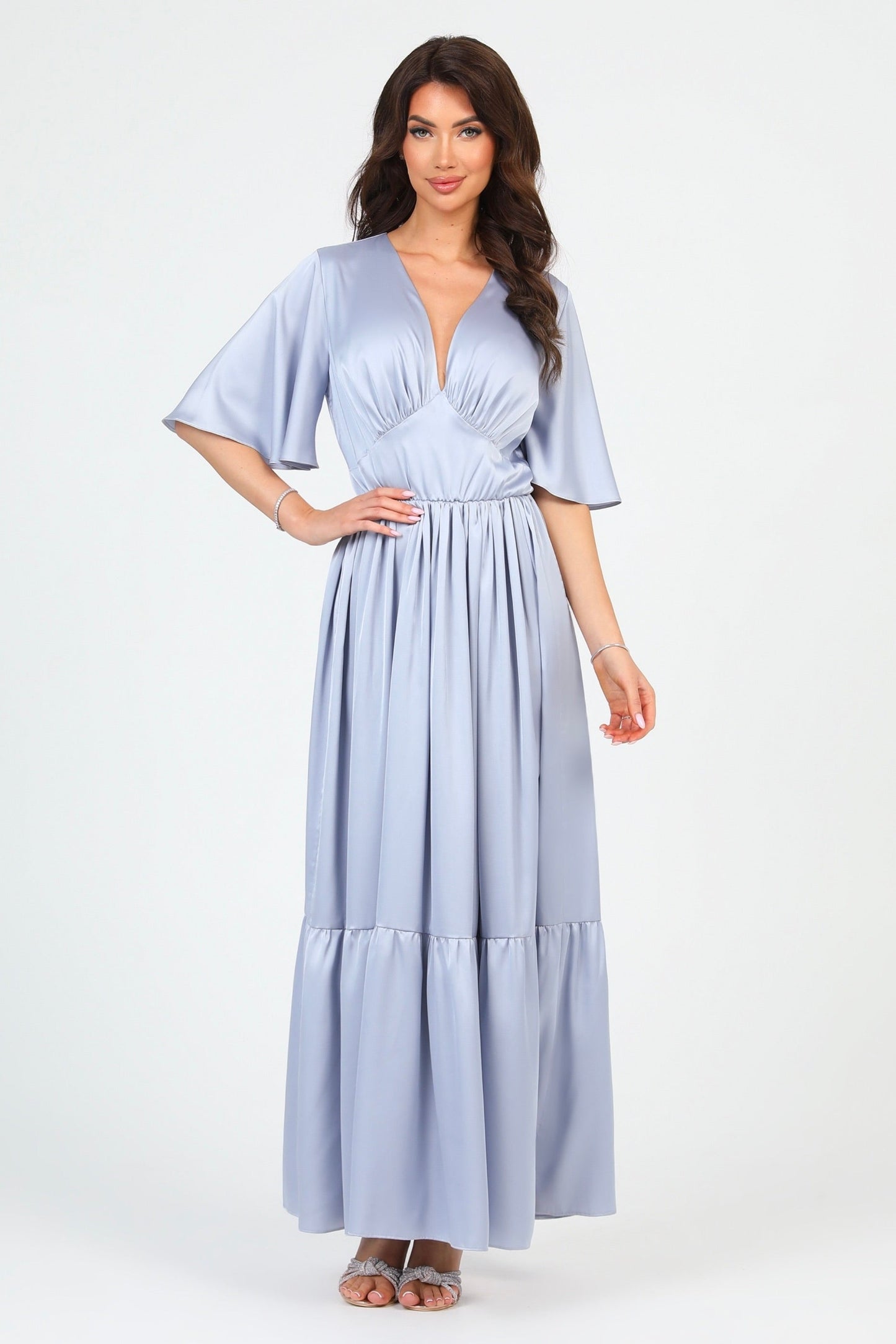 Silver Dusty Blue Silk Satin Dress V Neckline Flutter Sleeves