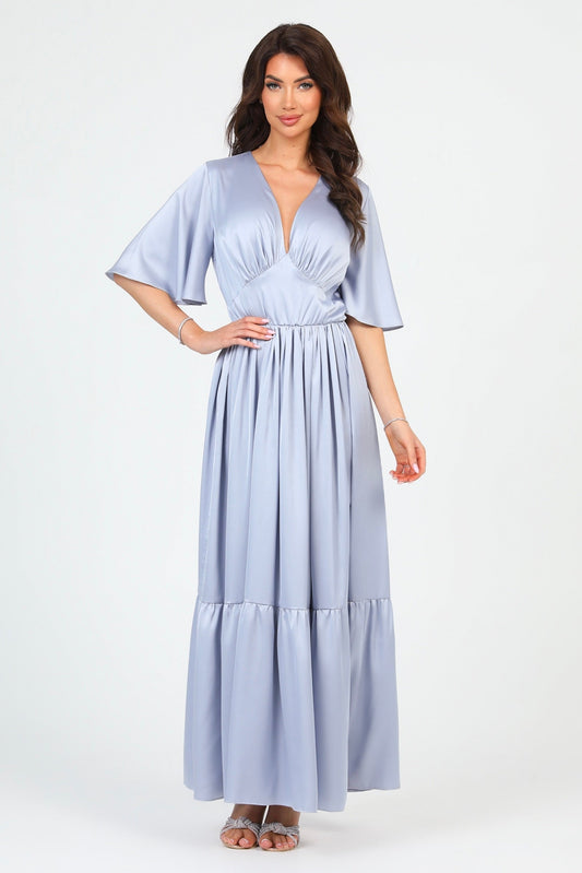 Silver Dusty Blue Silk Satin Dress V Neckline Flutter Sleeves