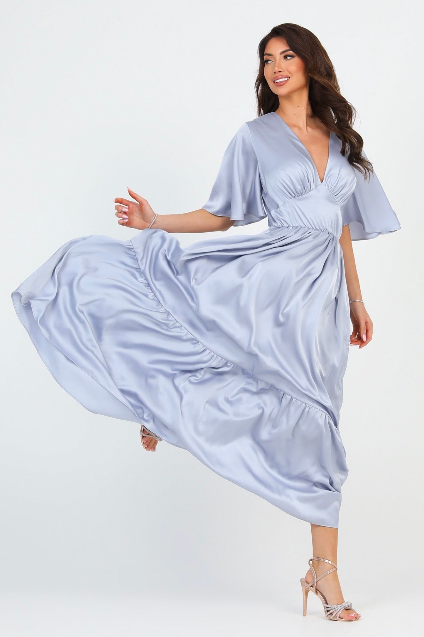 Silver Dusty Blue Silk Satin Dress V Neckline Flutter Sleeves