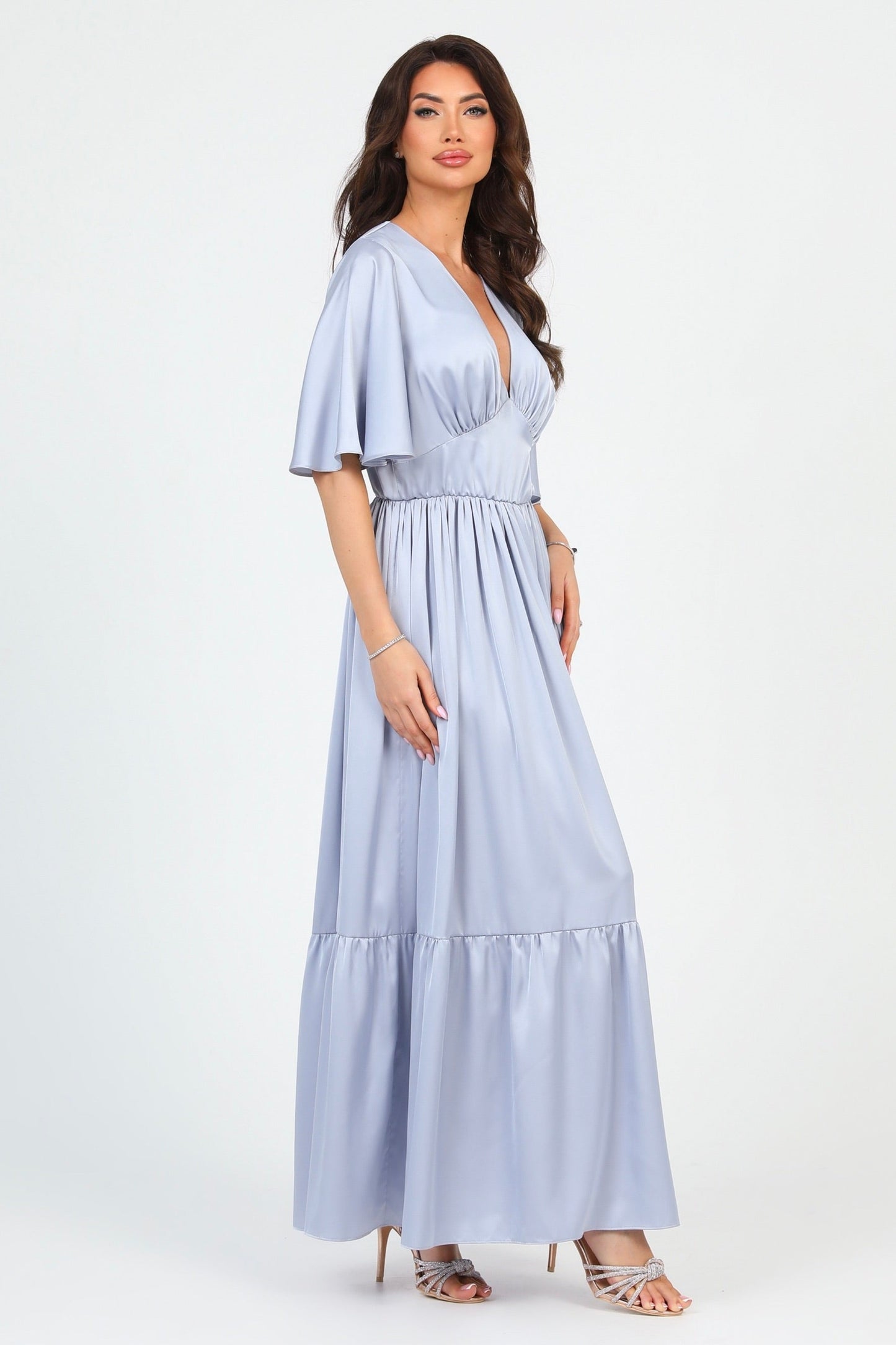 Silver Dusty Blue Silk Satin Dress V Neckline Flutter Sleeves