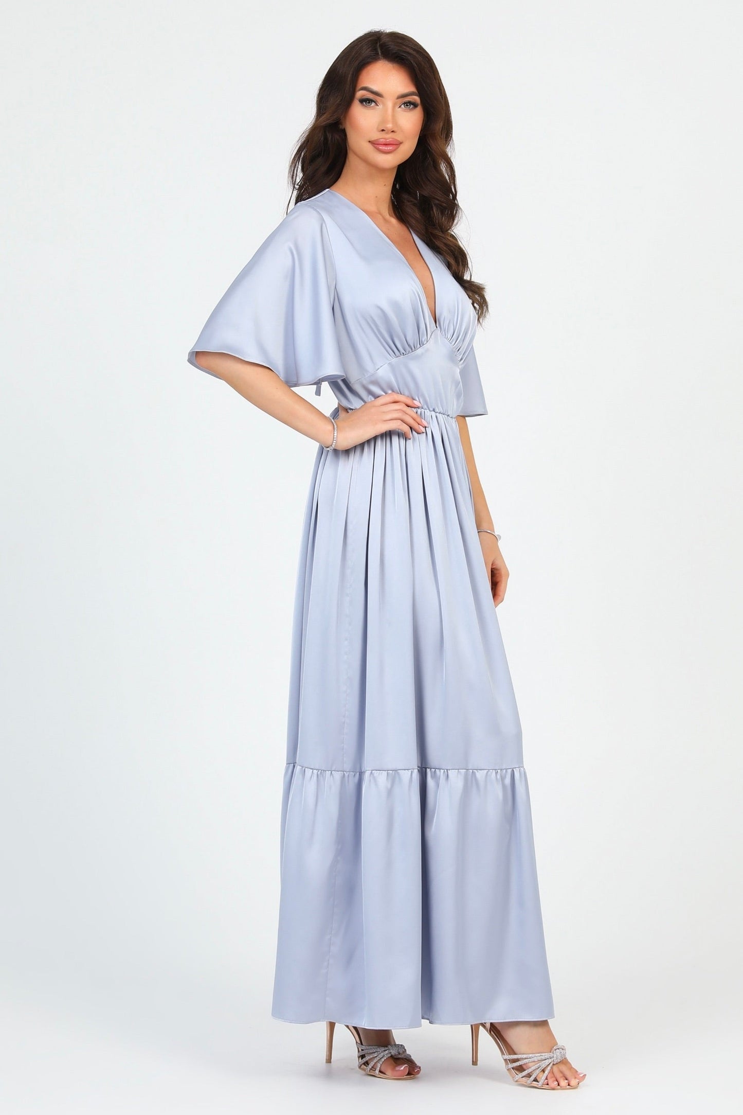 Silver Dusty Blue Silk Satin Dress V Neckline Flutter Sleeves