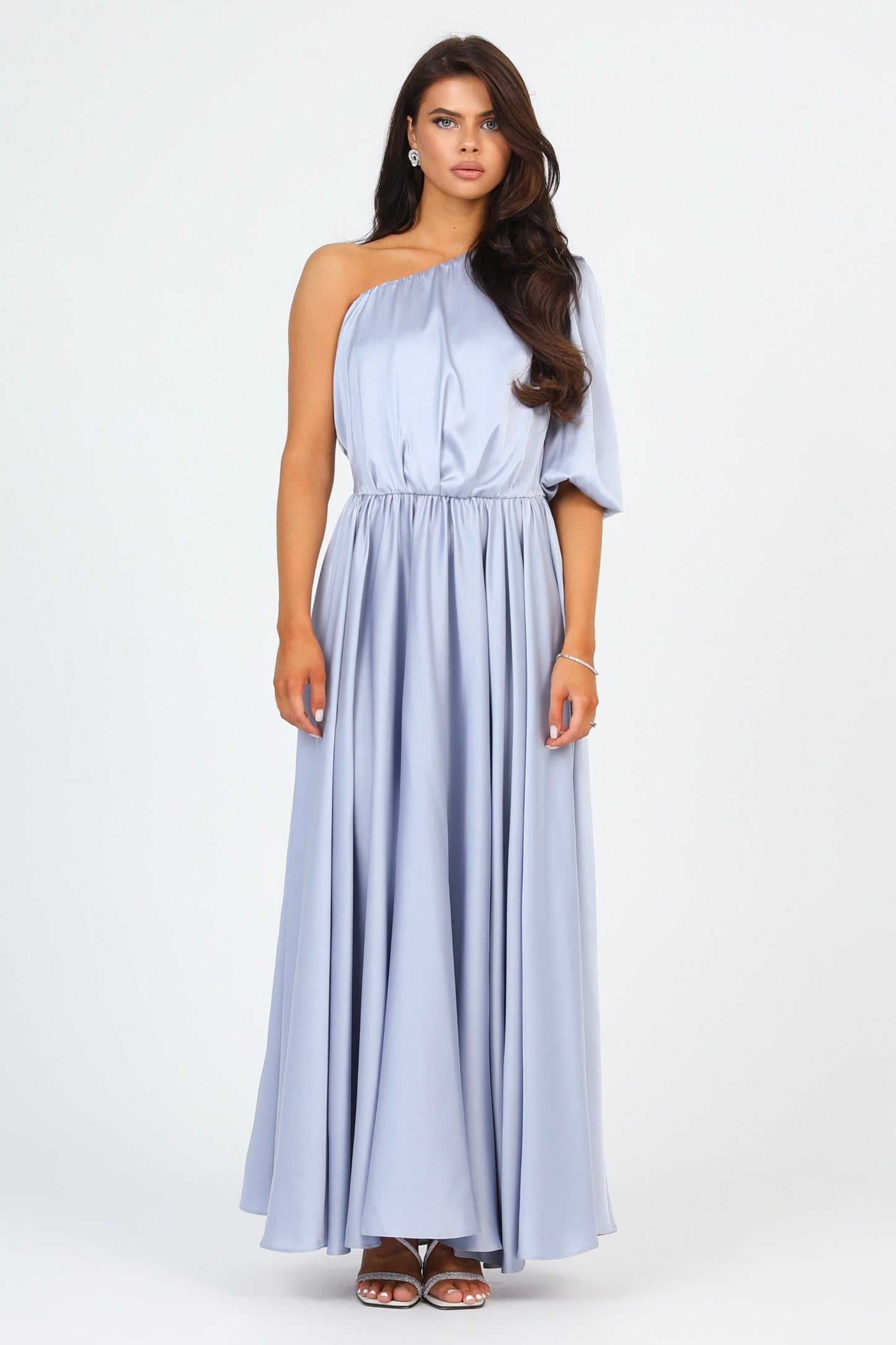 Silver Dusty Blue Satin Dress One Shoulder