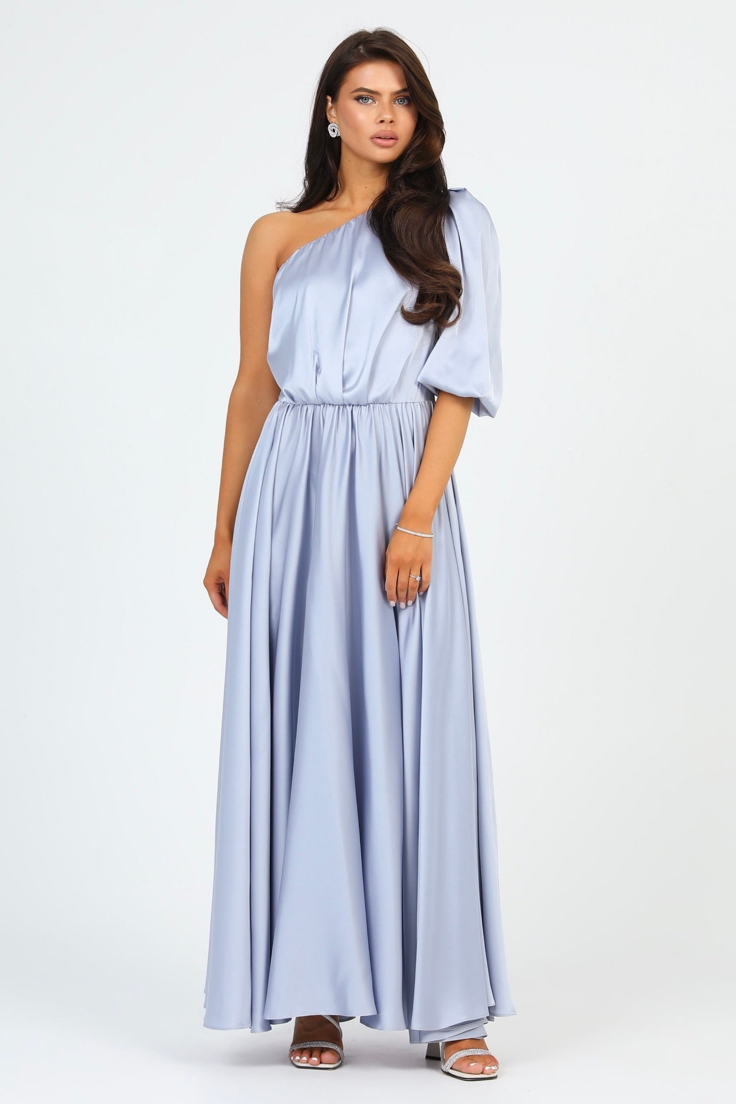 Silver Dusty Blue Satin Dress One Shoulder