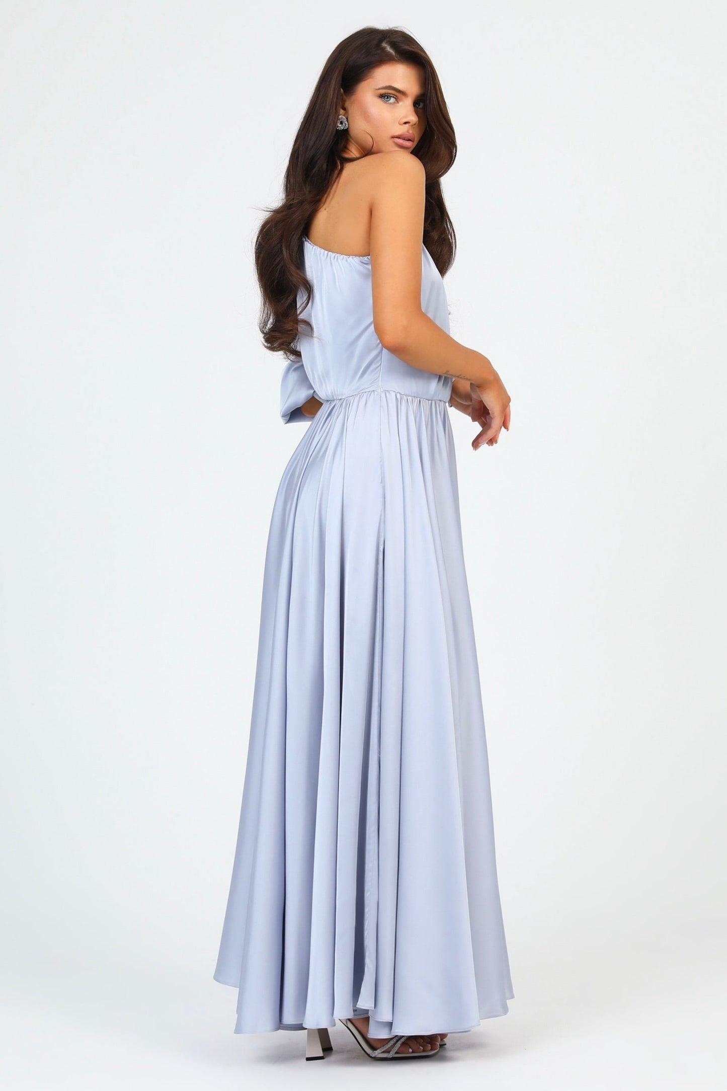 Silver Dusty Blue Satin Dress One Shoulder