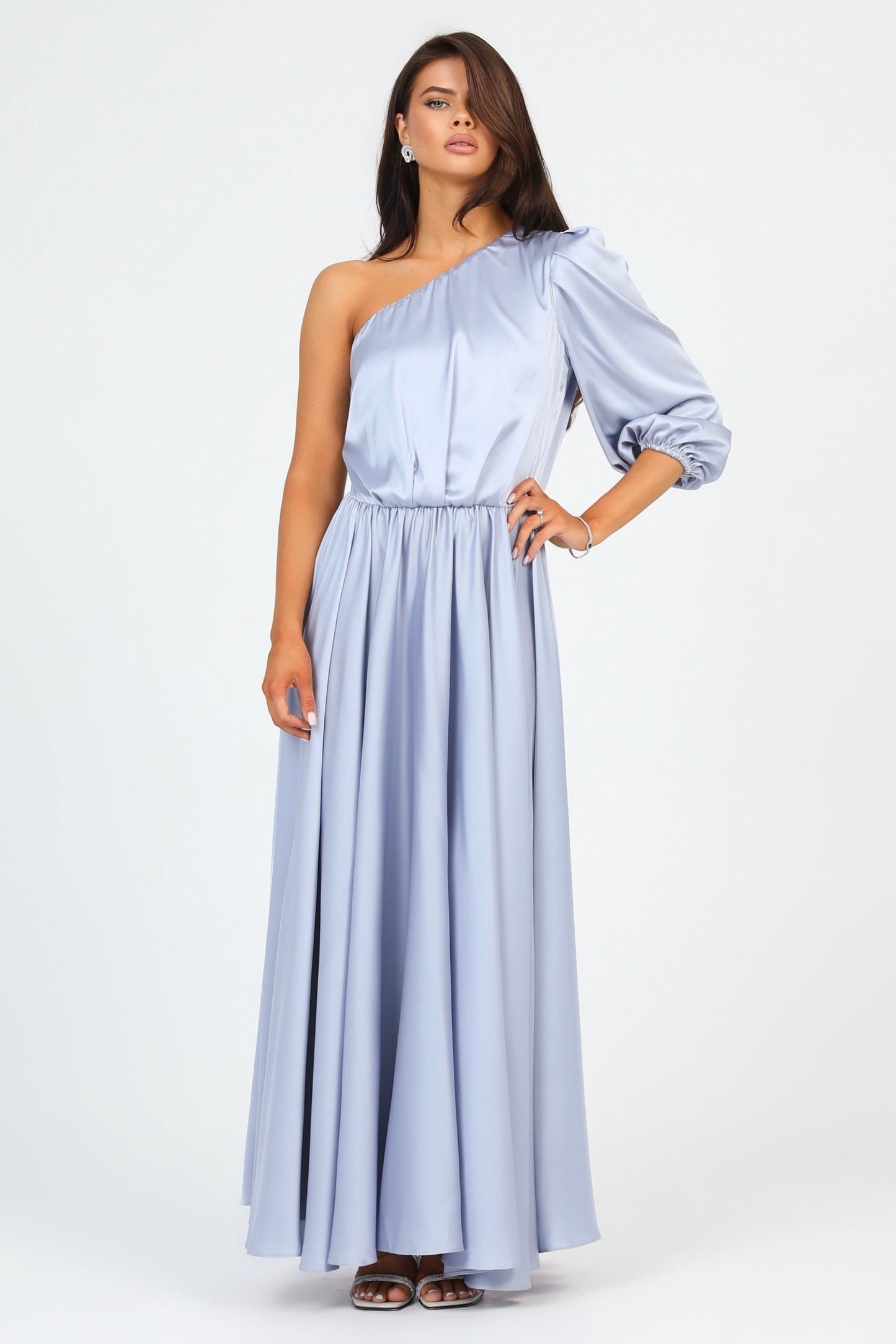 Silver Dusty Blue Satin Dress One Shoulder