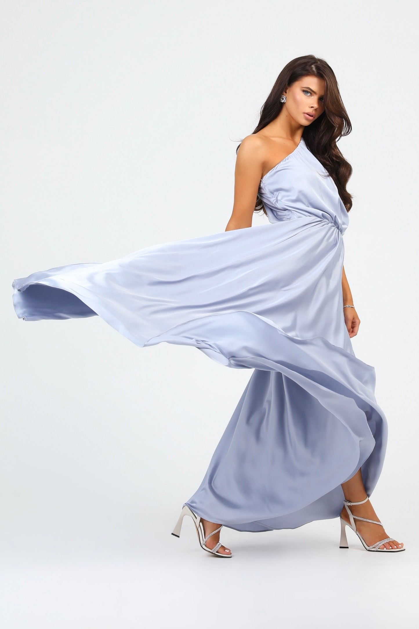 Silver Dusty Blue Satin Dress One Shoulder