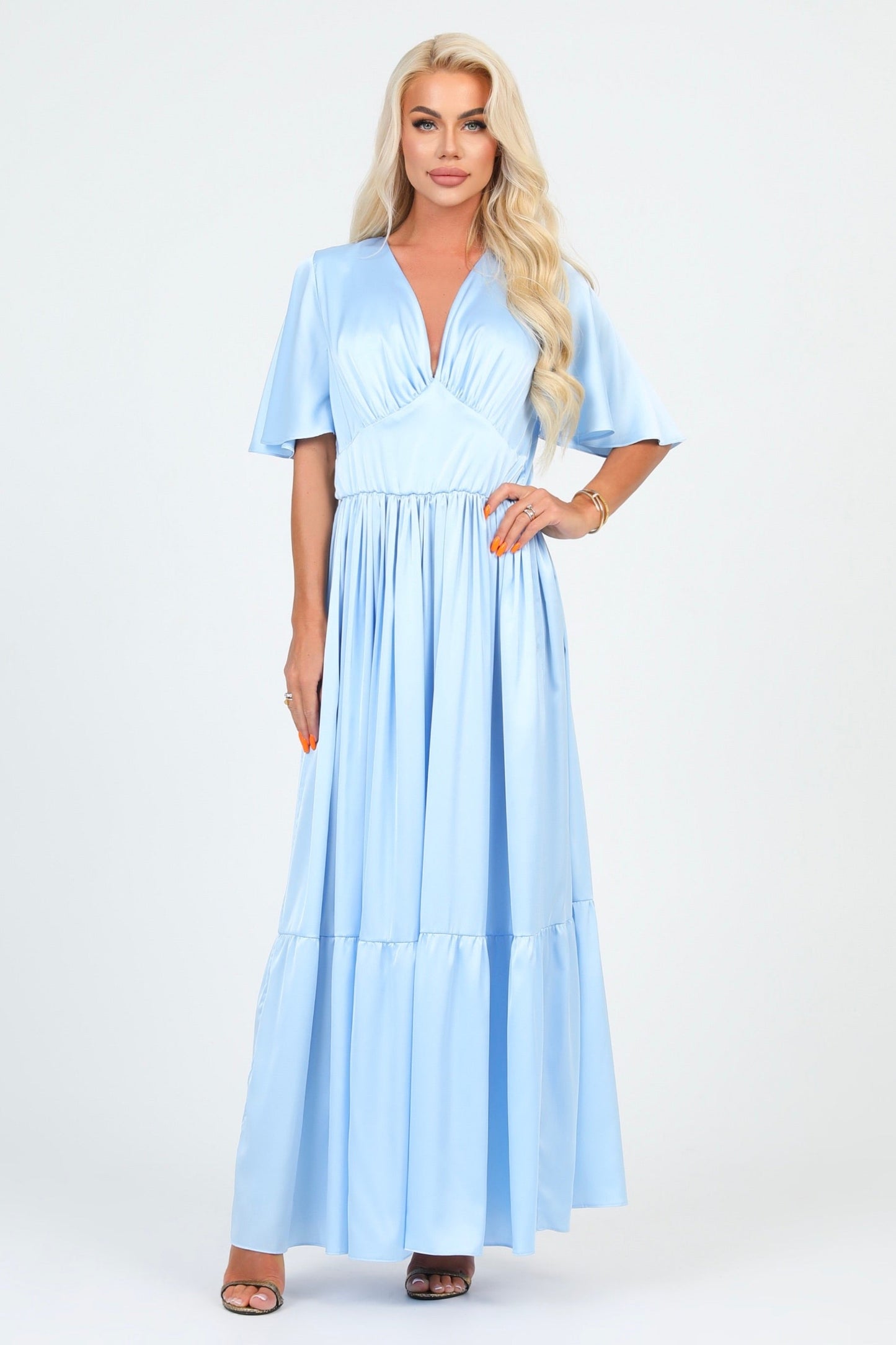 Baby Blue Silk Satin Dress V Neckline Flutter Sleeves