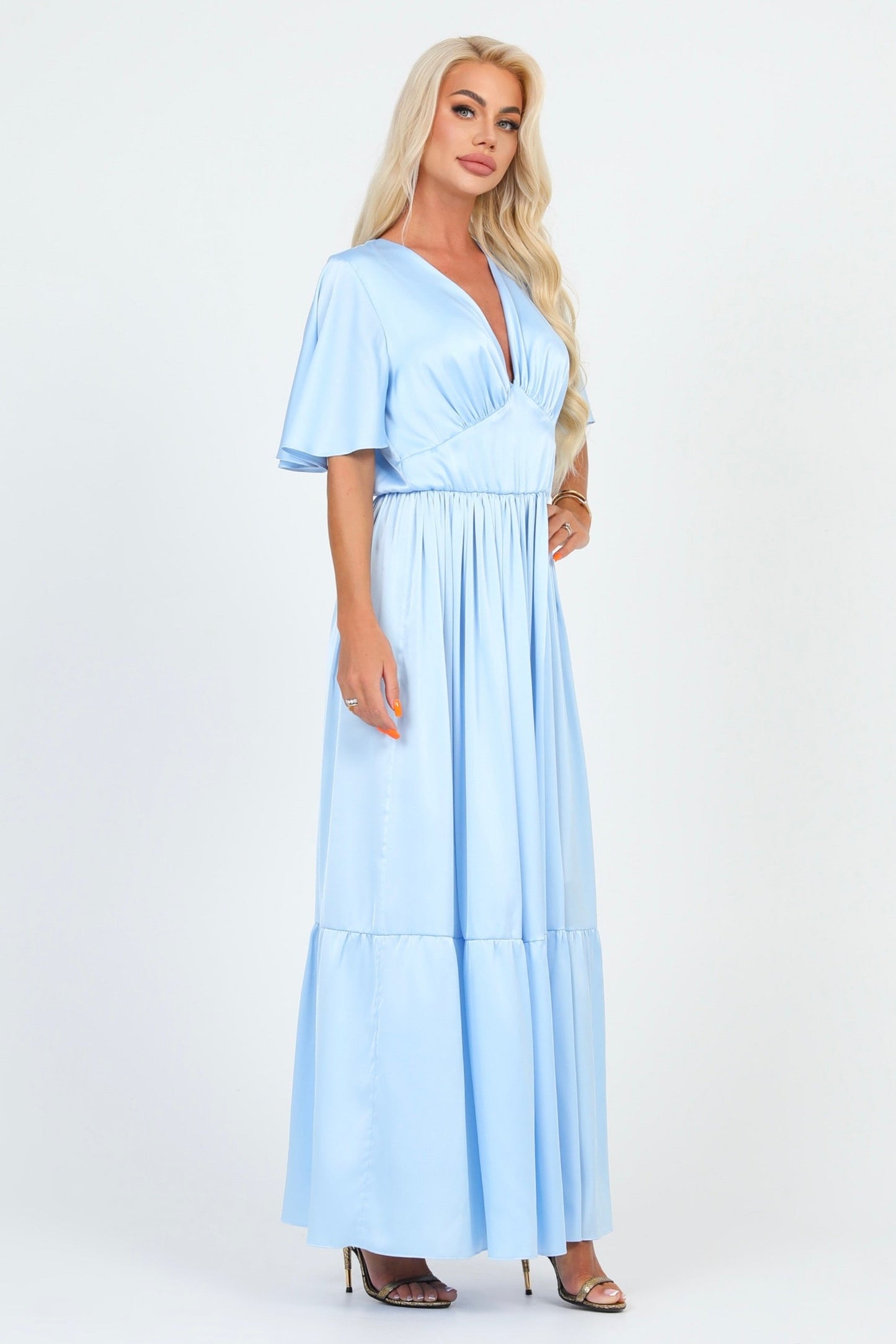 Baby Blue Silk Satin Dress V Neckline Flutter Sleeves