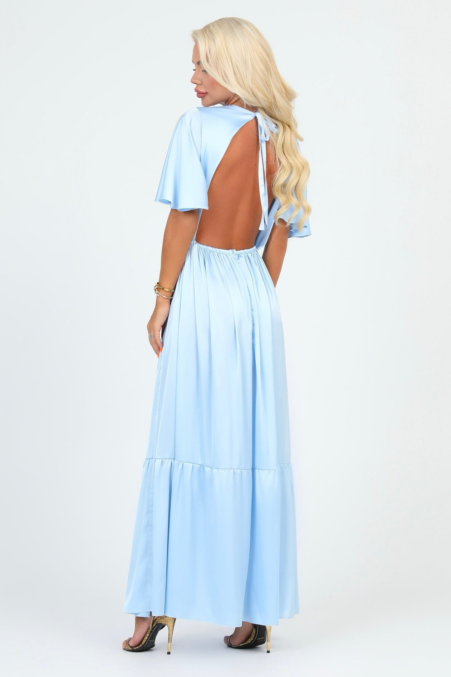 Baby Blue Silk Satin Dress V Neckline Flutter Sleeves