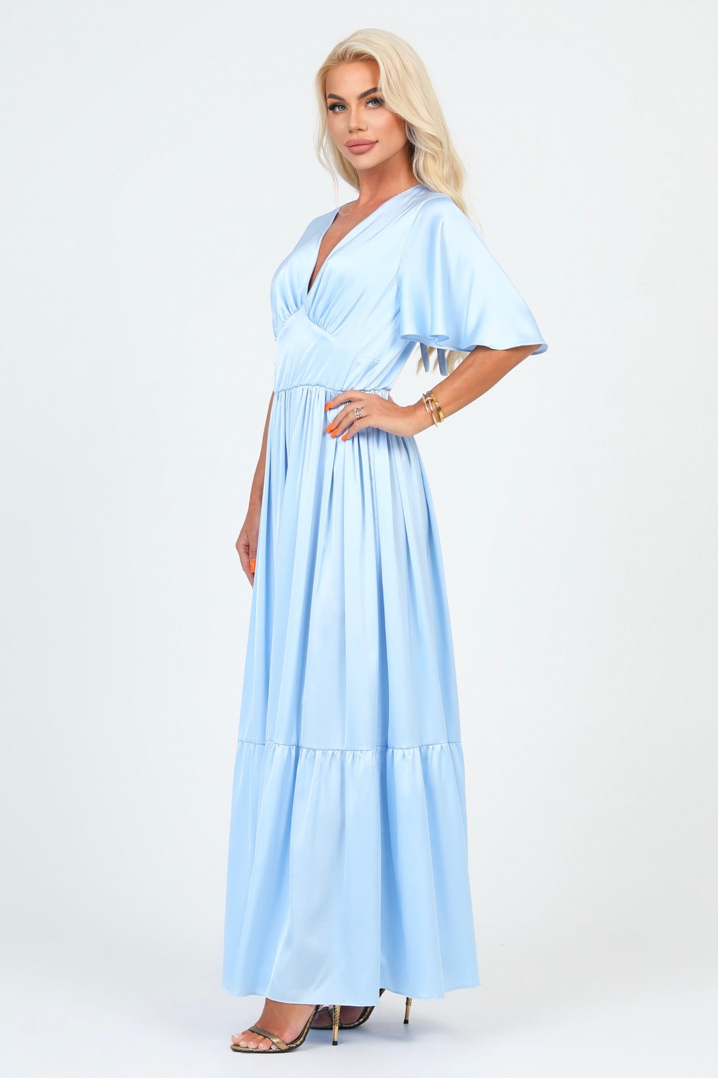 Baby Blue Silk Satin Dress V Neckline Flutter Sleeves