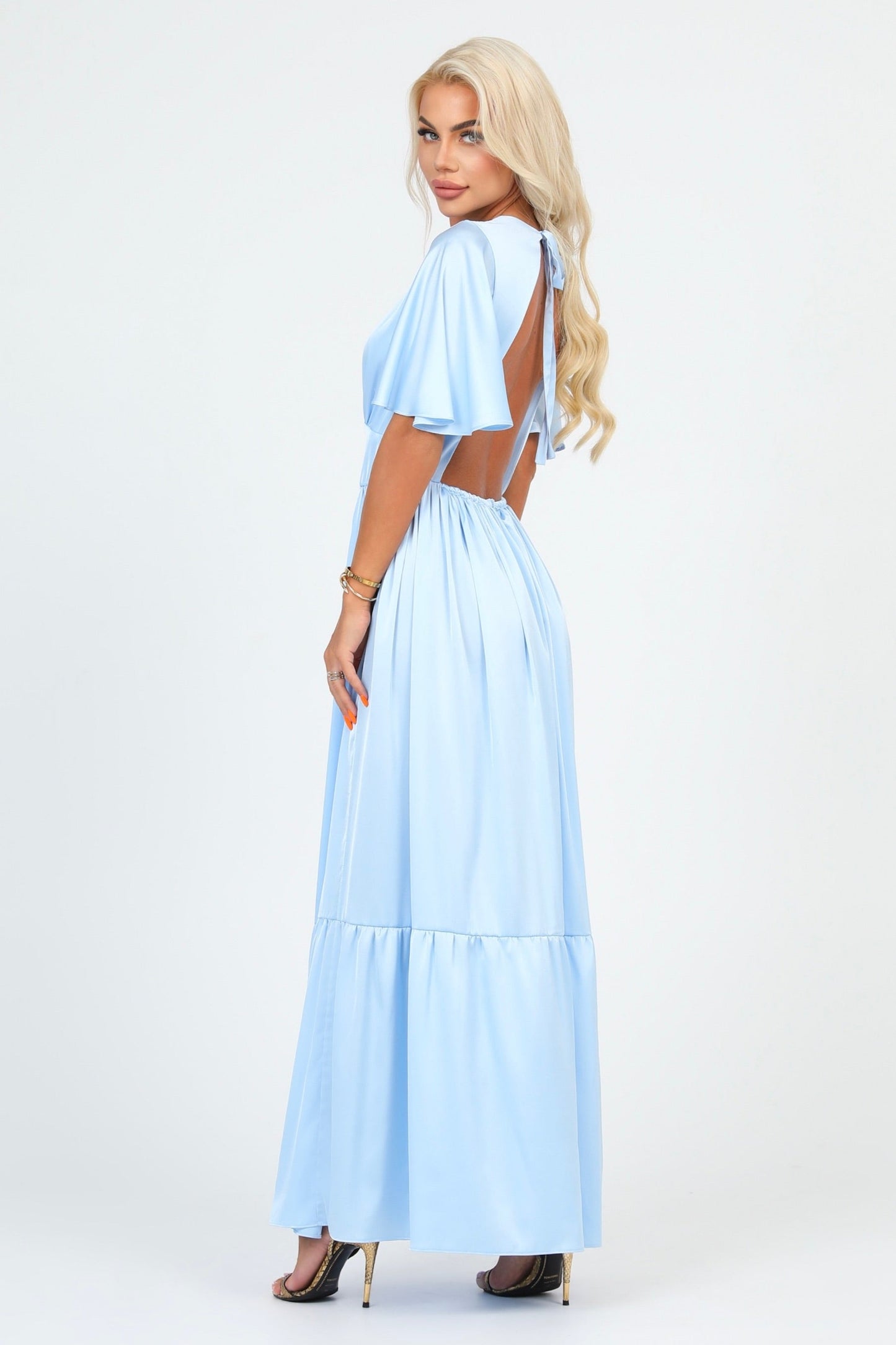 Baby Blue Silk Satin Dress V Neckline Flutter Sleeves