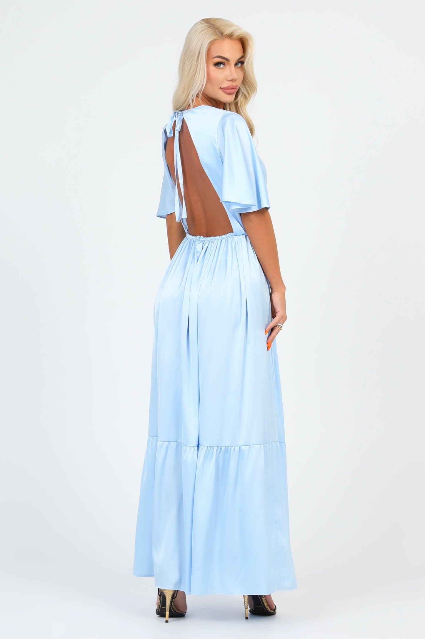 Baby Blue Silk Satin Dress V Neckline Flutter Sleeves