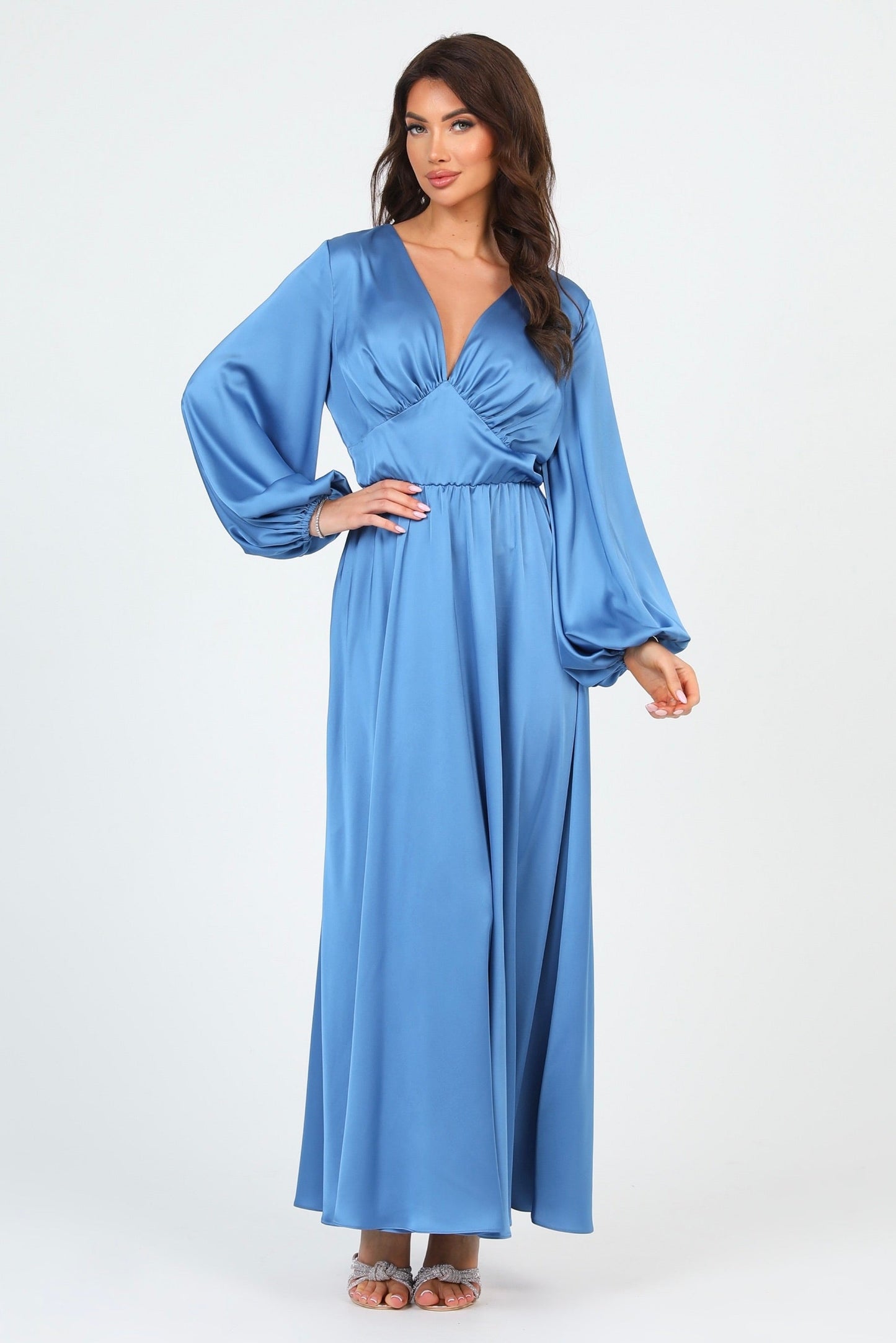 Dusty Blue Silk Satin Dress V Neckline Flutter Sleeves