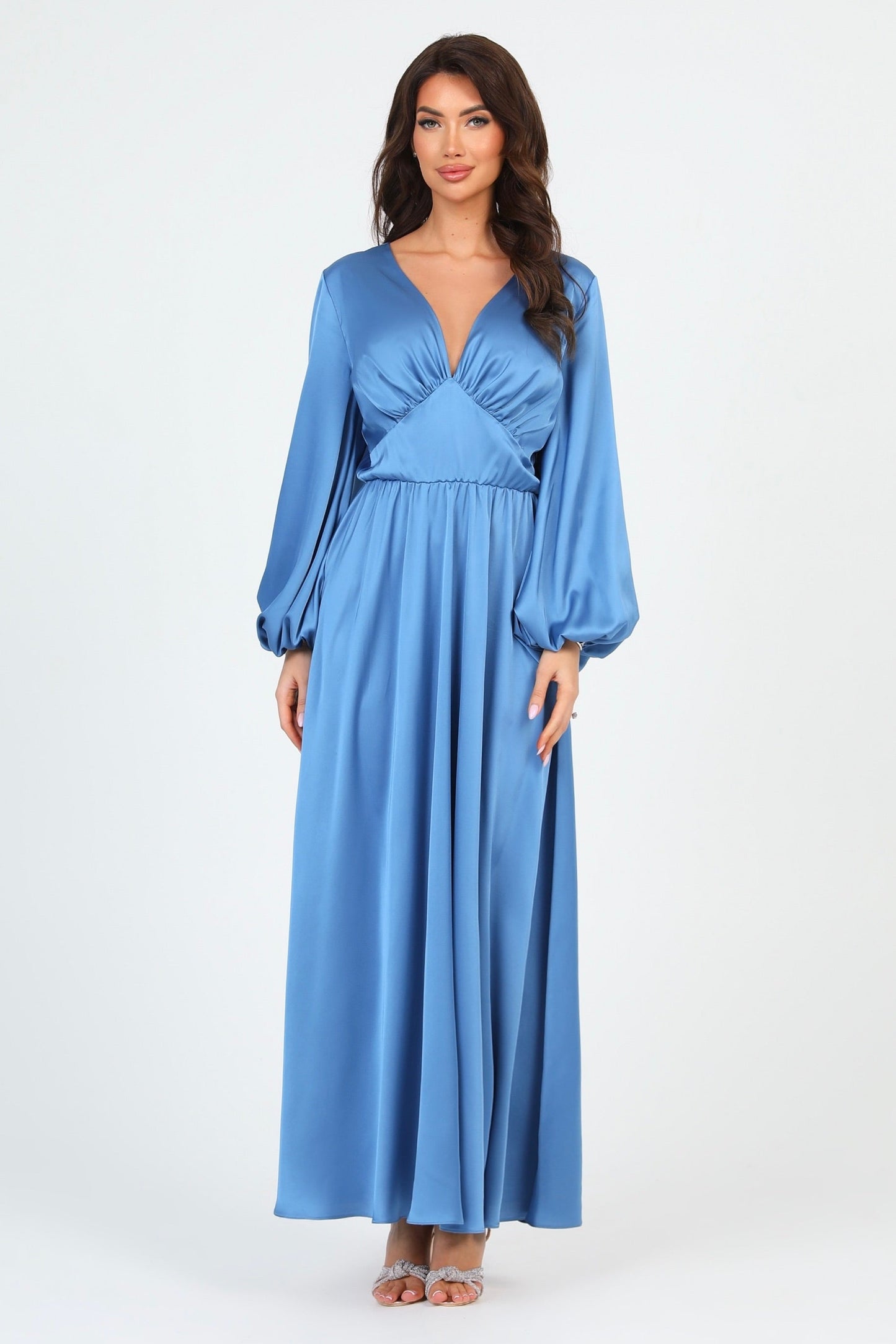 Dusty Blue Silk Satin Dress V Neckline Flutter Sleeves