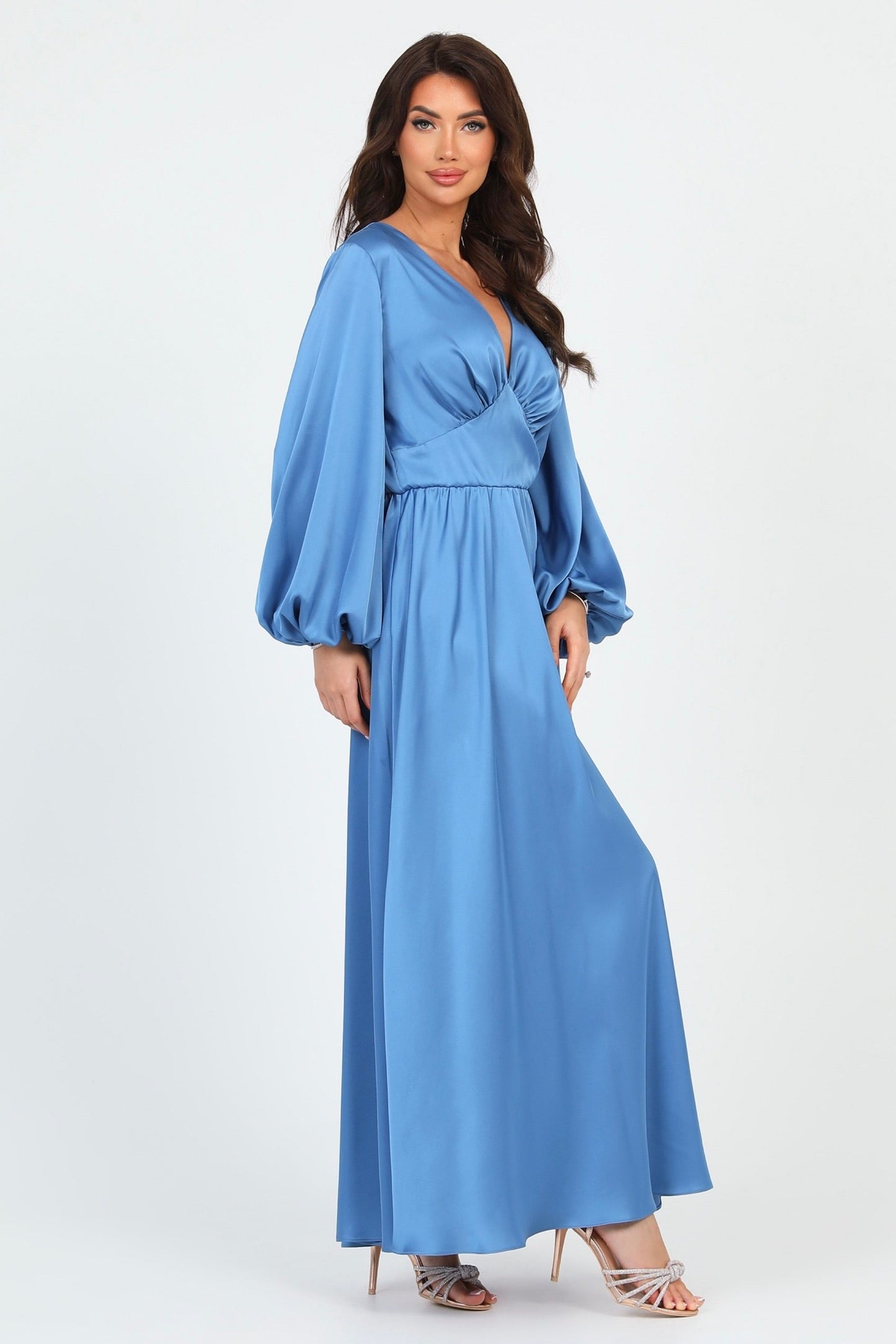 Dusty Blue Silk Satin Dress V Neckline Flutter Sleeves