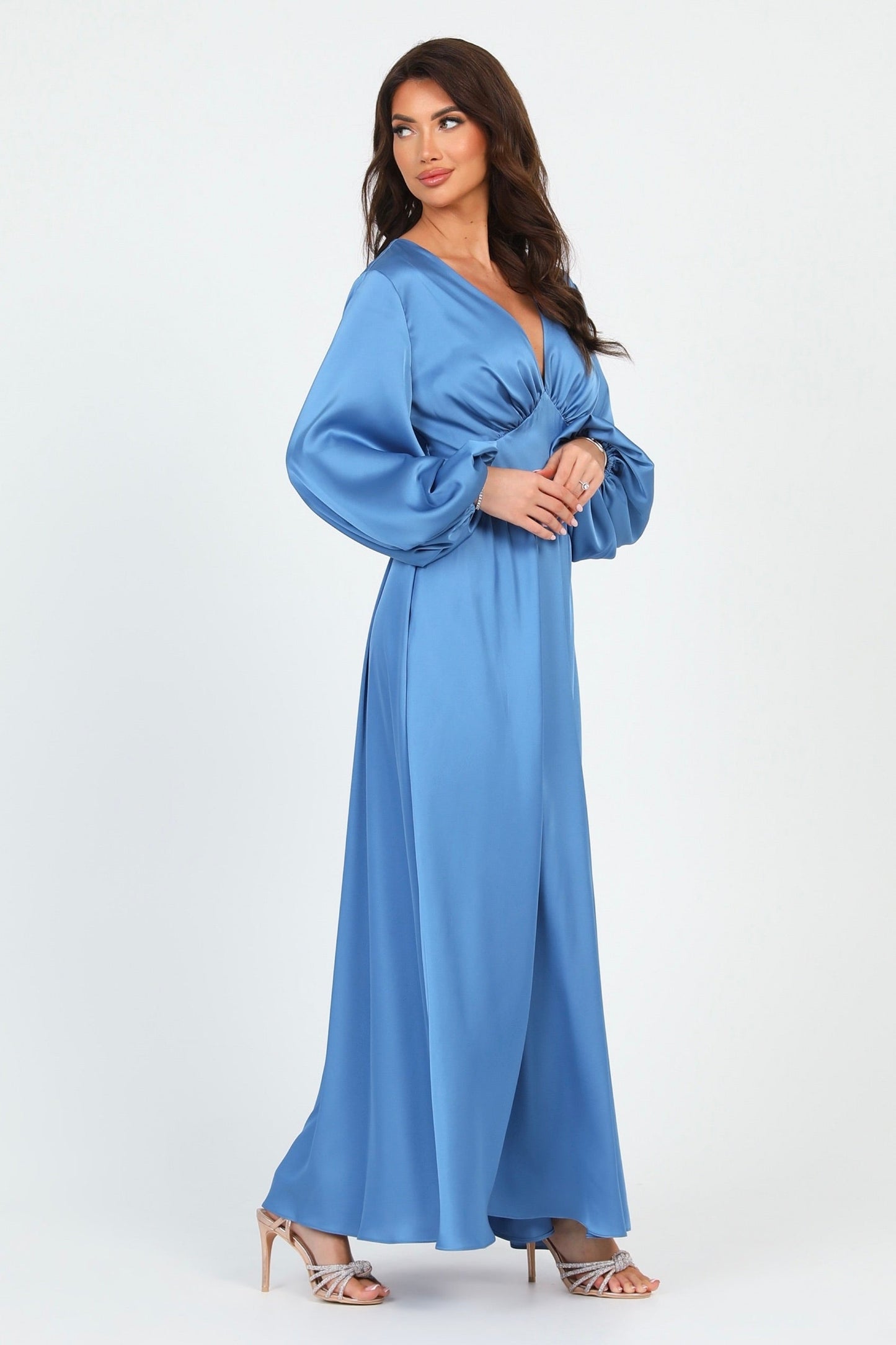 Dusty Blue Silk Satin Dress V Neckline Flutter Sleeves