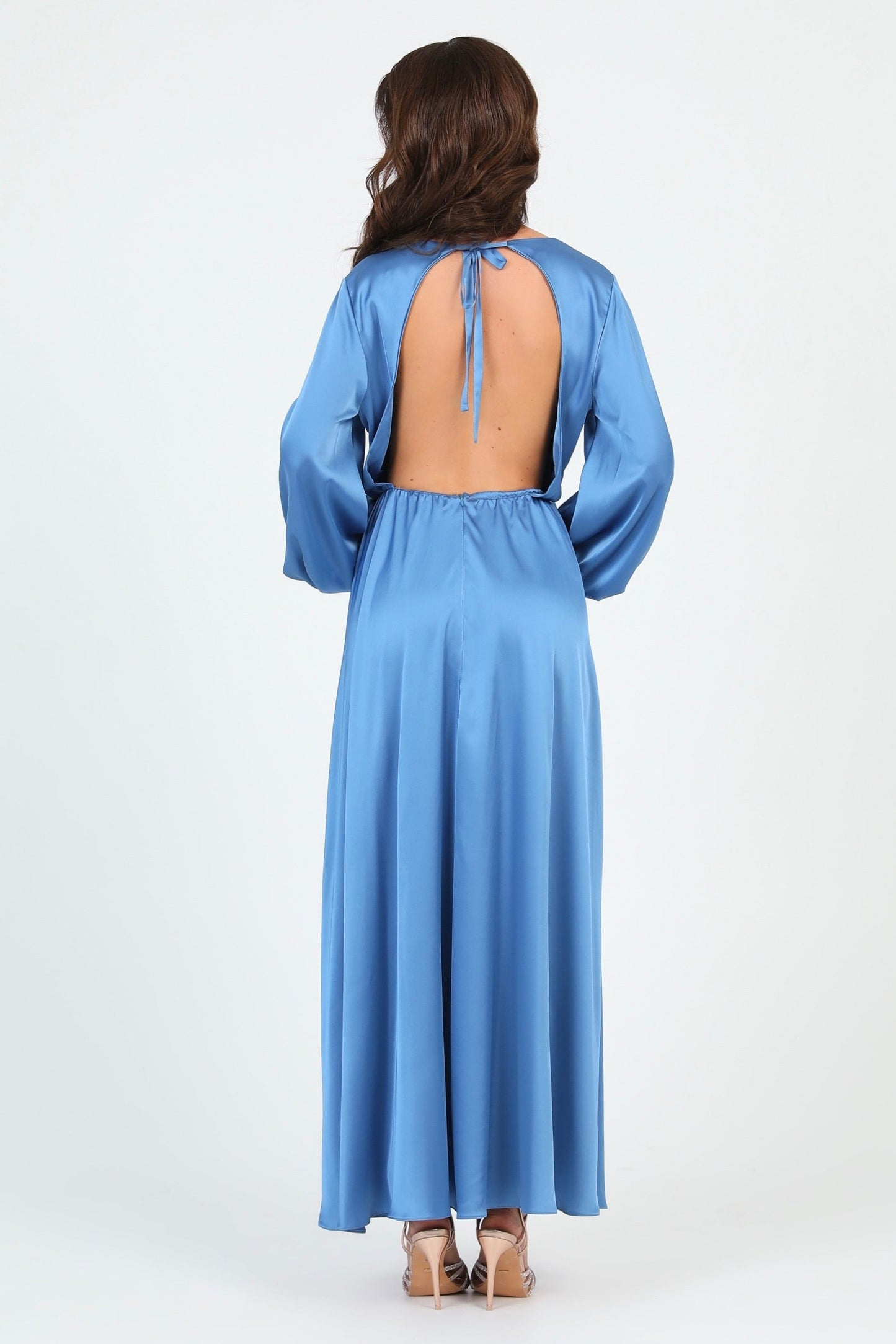 Dusty Blue Silk Satin Dress V Neckline Flutter Sleeves