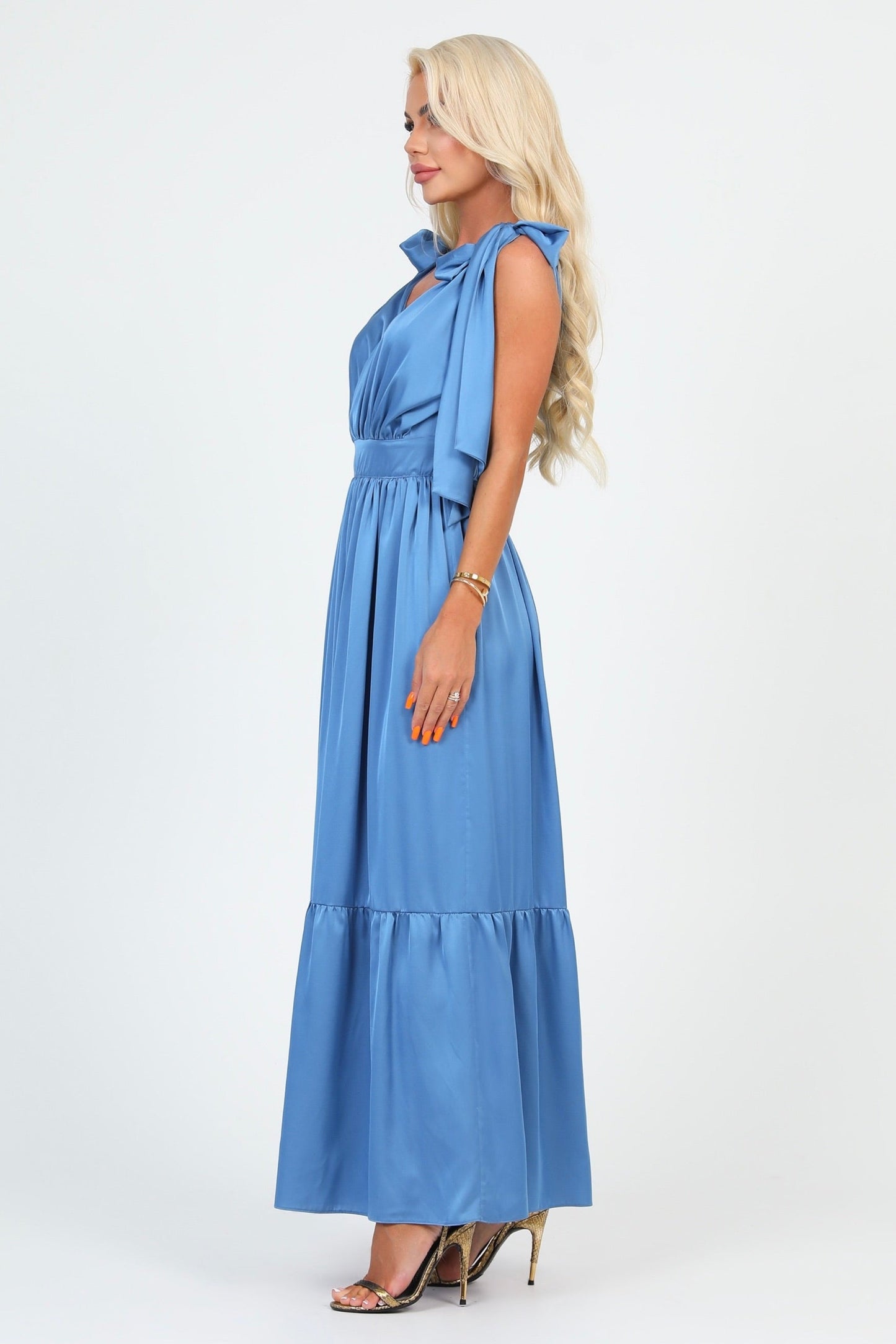 Dusty Blue Silk Satin Dress With Shoulder Ties