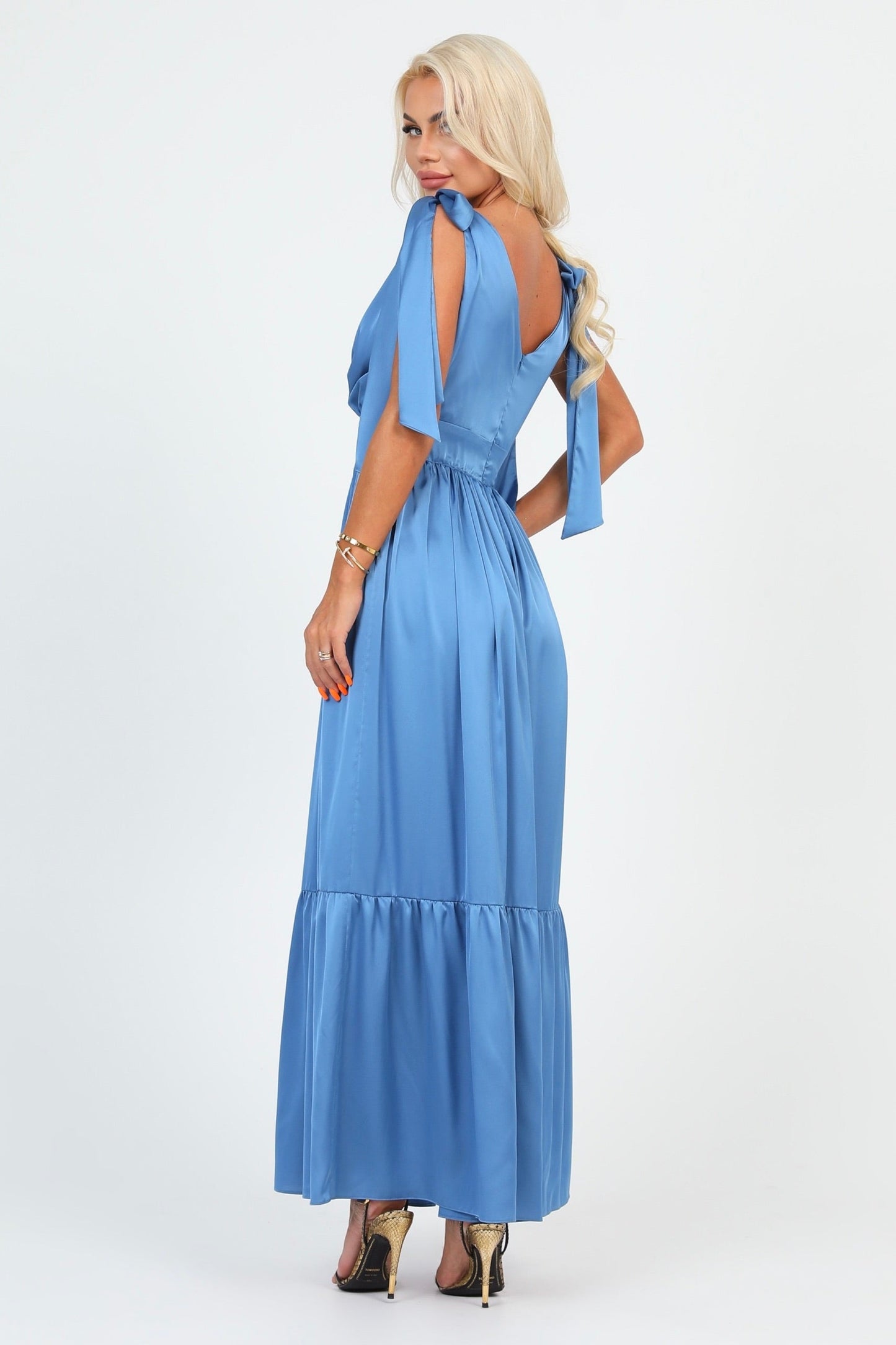 Dusty Blue Silk Satin Dress With Shoulder Ties