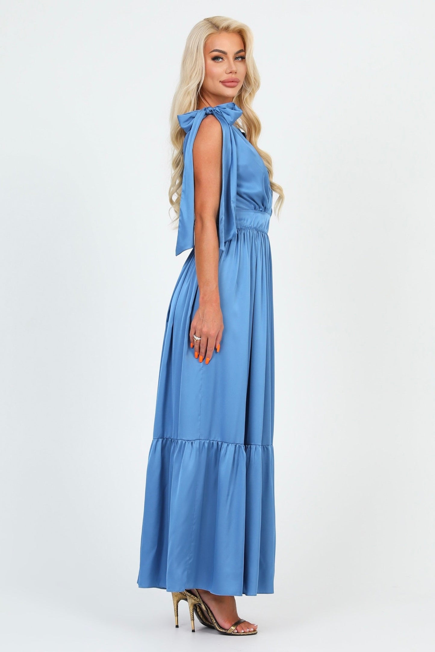 Dusty Blue Silk Satin Dress With Shoulder Ties