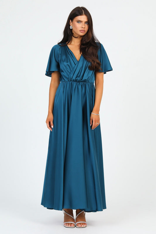 Dark Teal Green Silk Satin Dress Wrap V Neckline