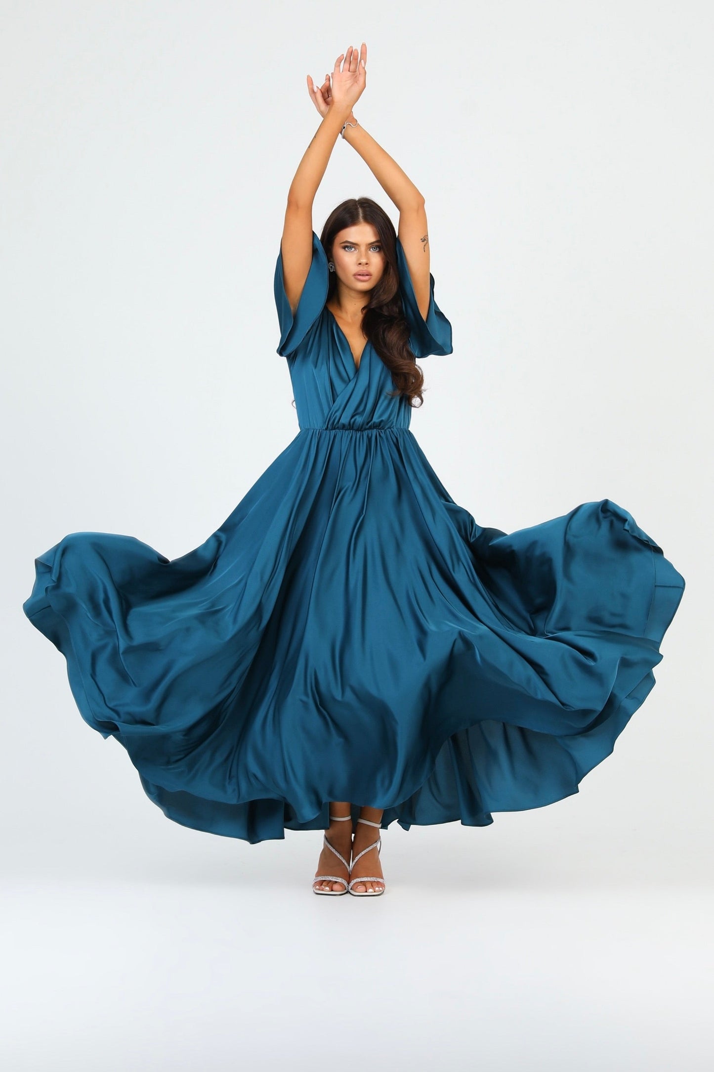 Dark Teal Green Silk Satin Dress Wrap V Neckline