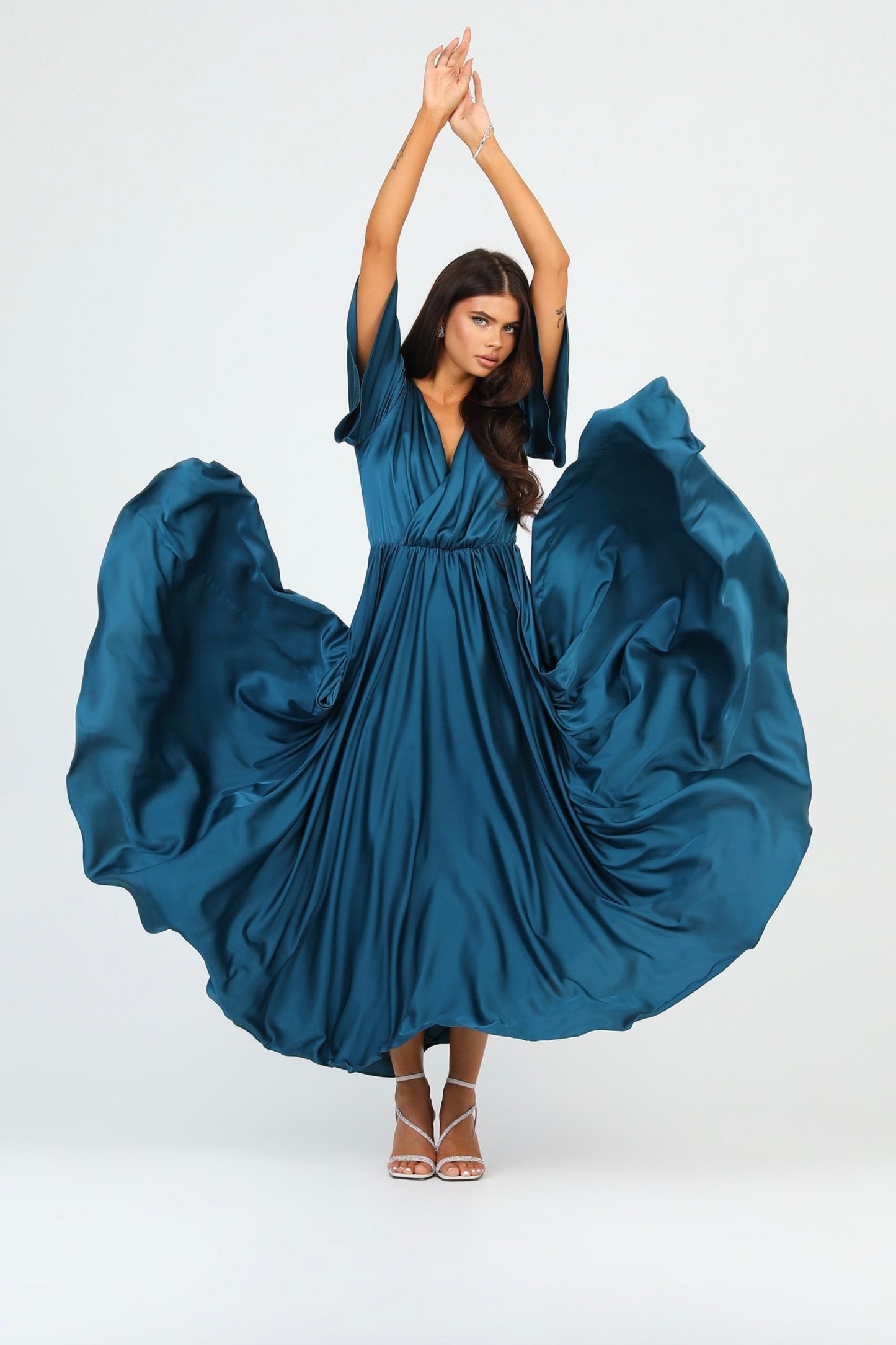 Dark Teal Green Silk Satin Dress Wrap V Neckline