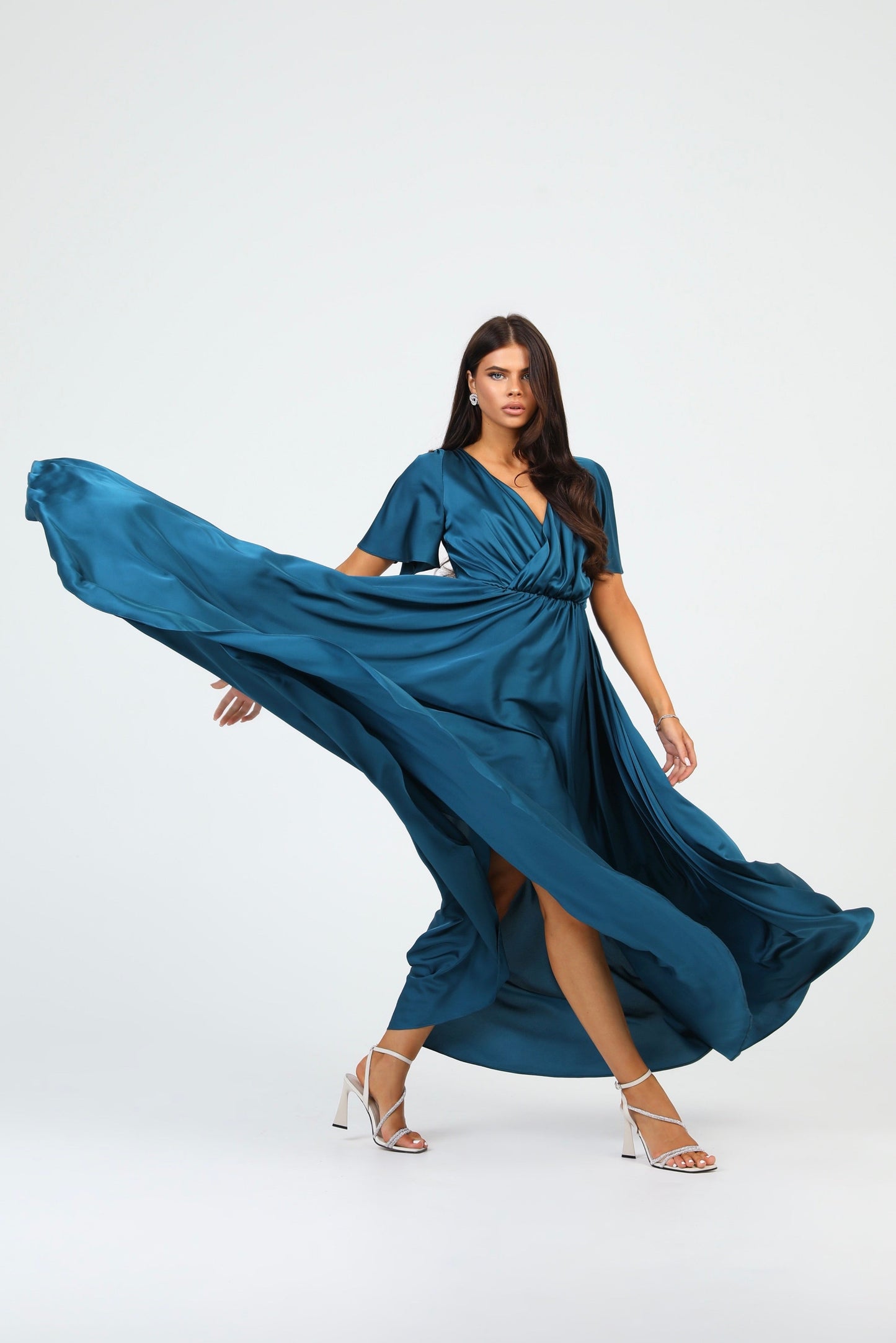 Dark Teal Green Silk Satin Dress Wrap V Neckline