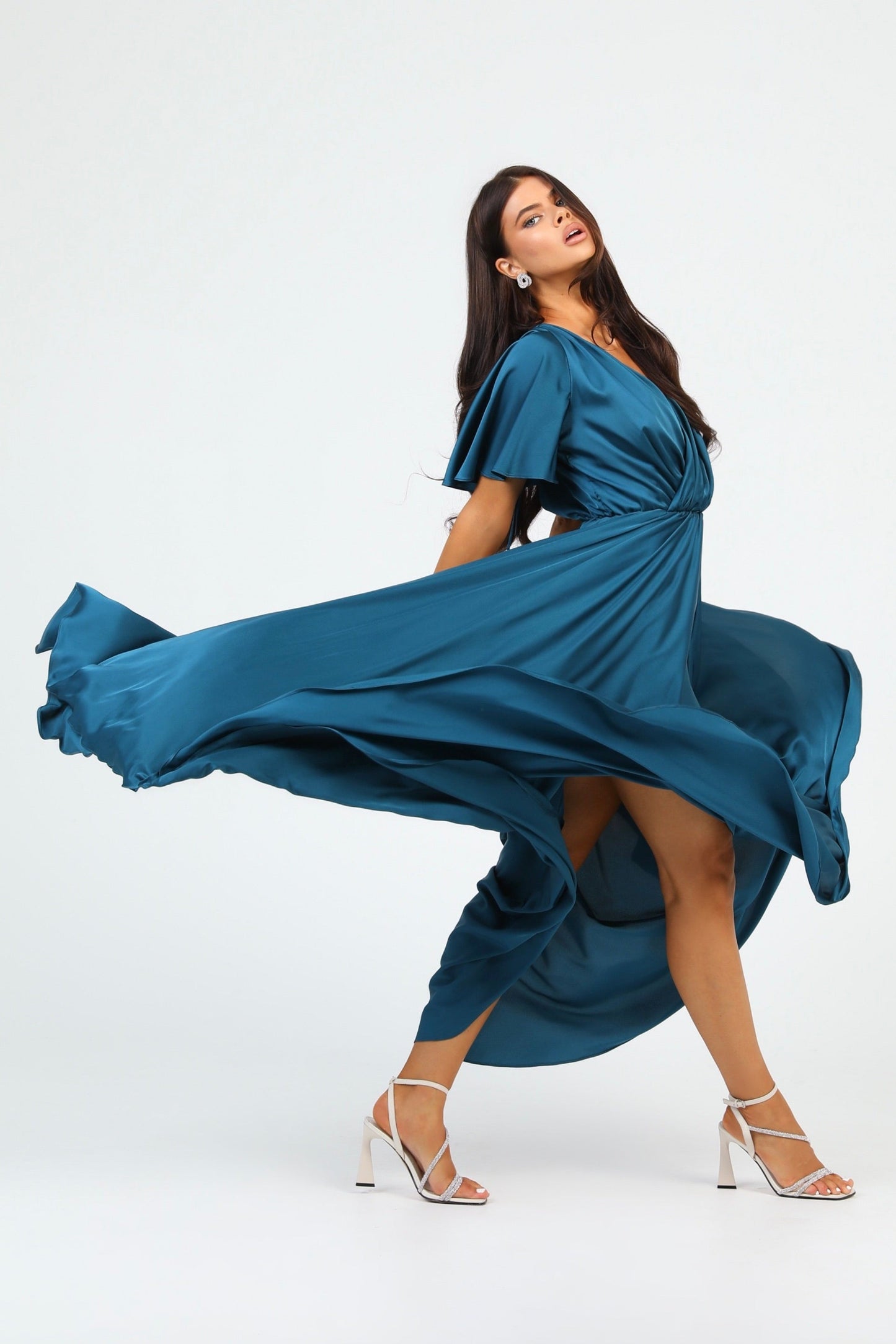 Dark Teal Green Silk Satin Dress Wrap V Neckline