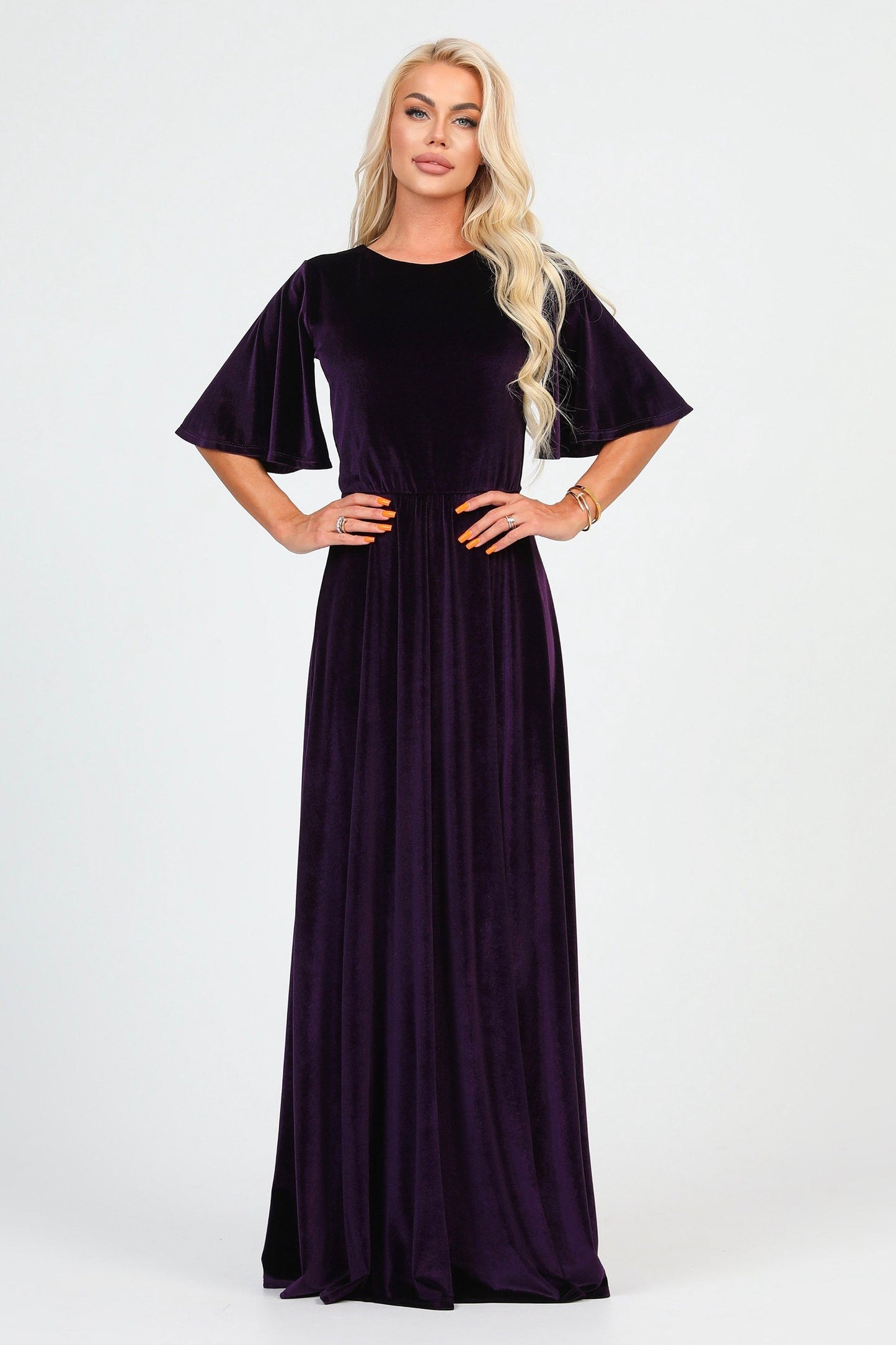 Plum Velvet Round Neckline Dress Flutter Sleeves