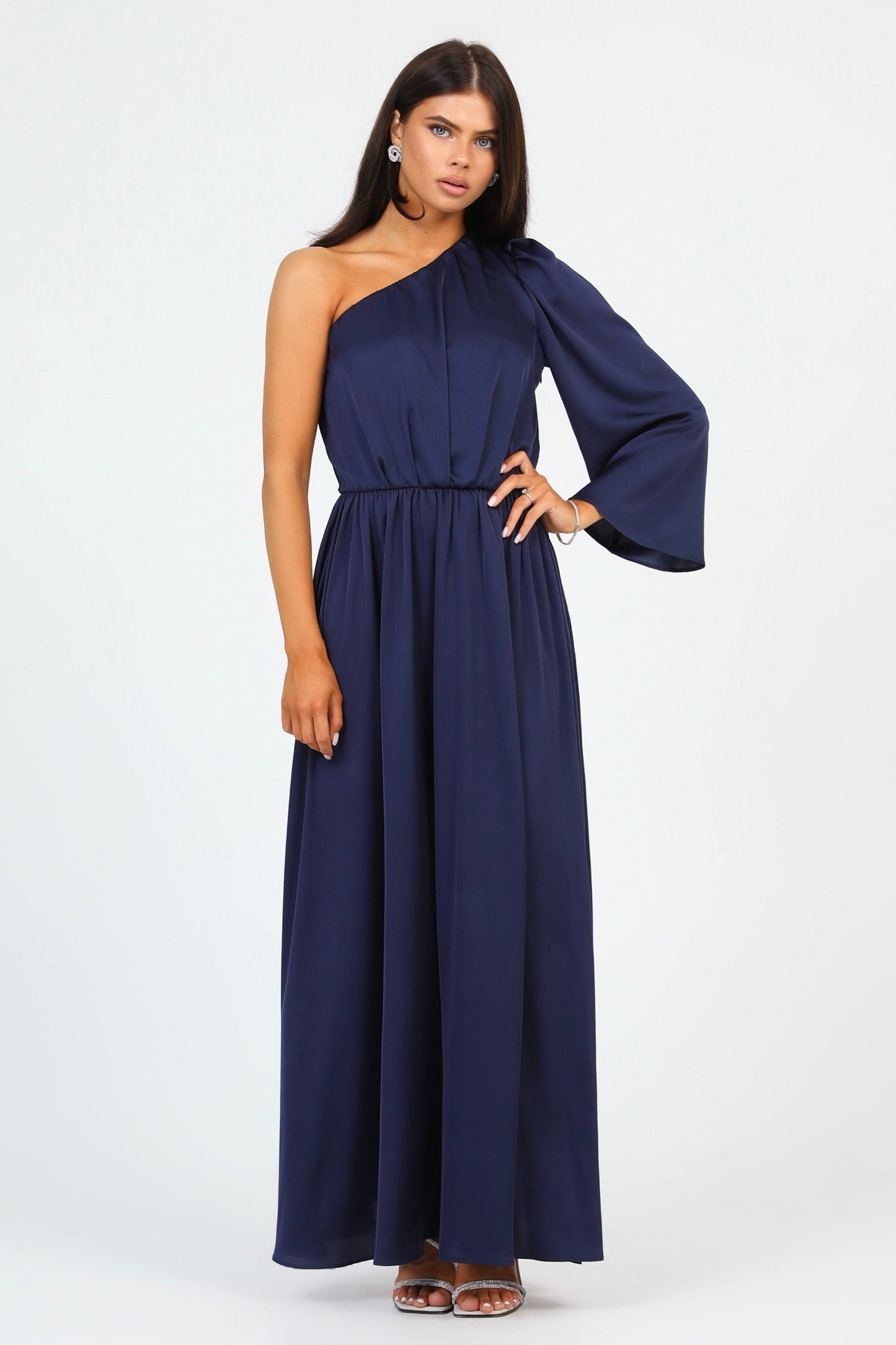 Navy Silk Satin Dress One Shoulder