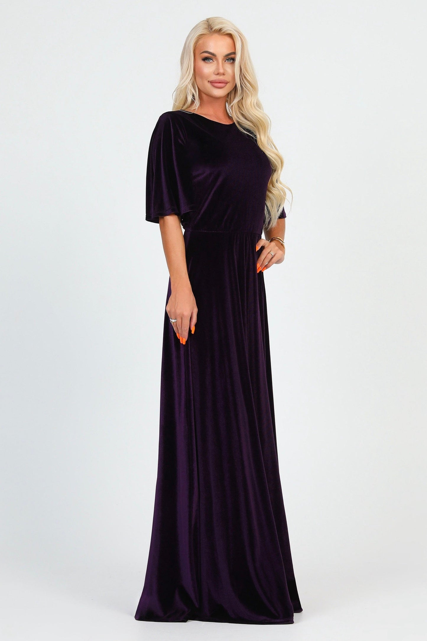 Plum Velvet Round Neckline Dress Flutter Sleeves