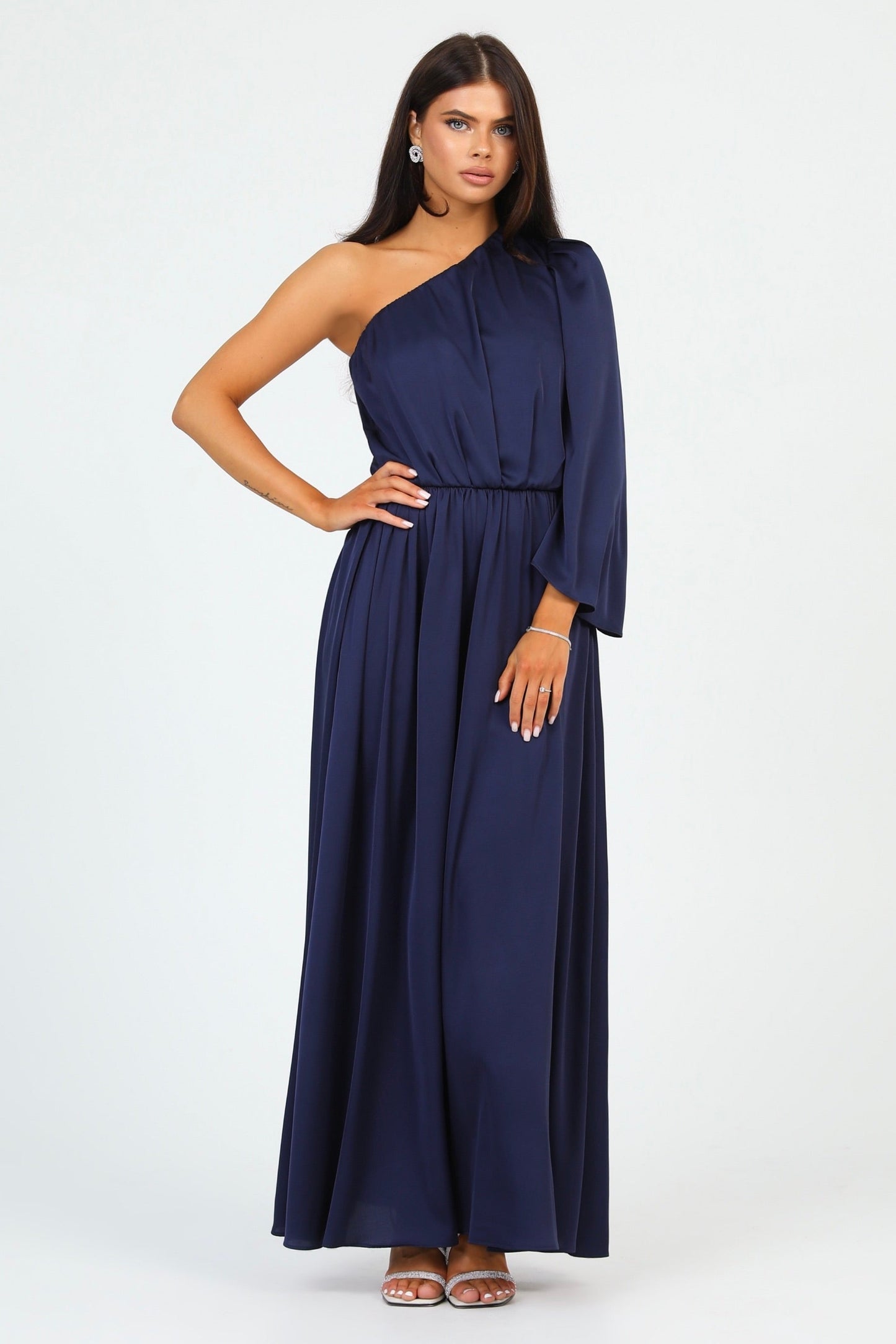 Navy Silk Satin Dress One Shoulder