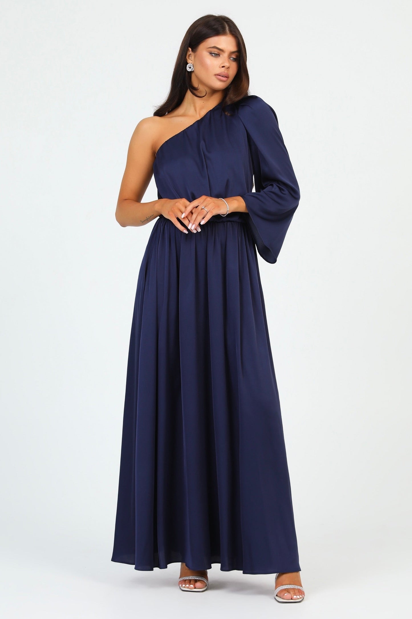 Navy Silk Satin Dress One Shoulder