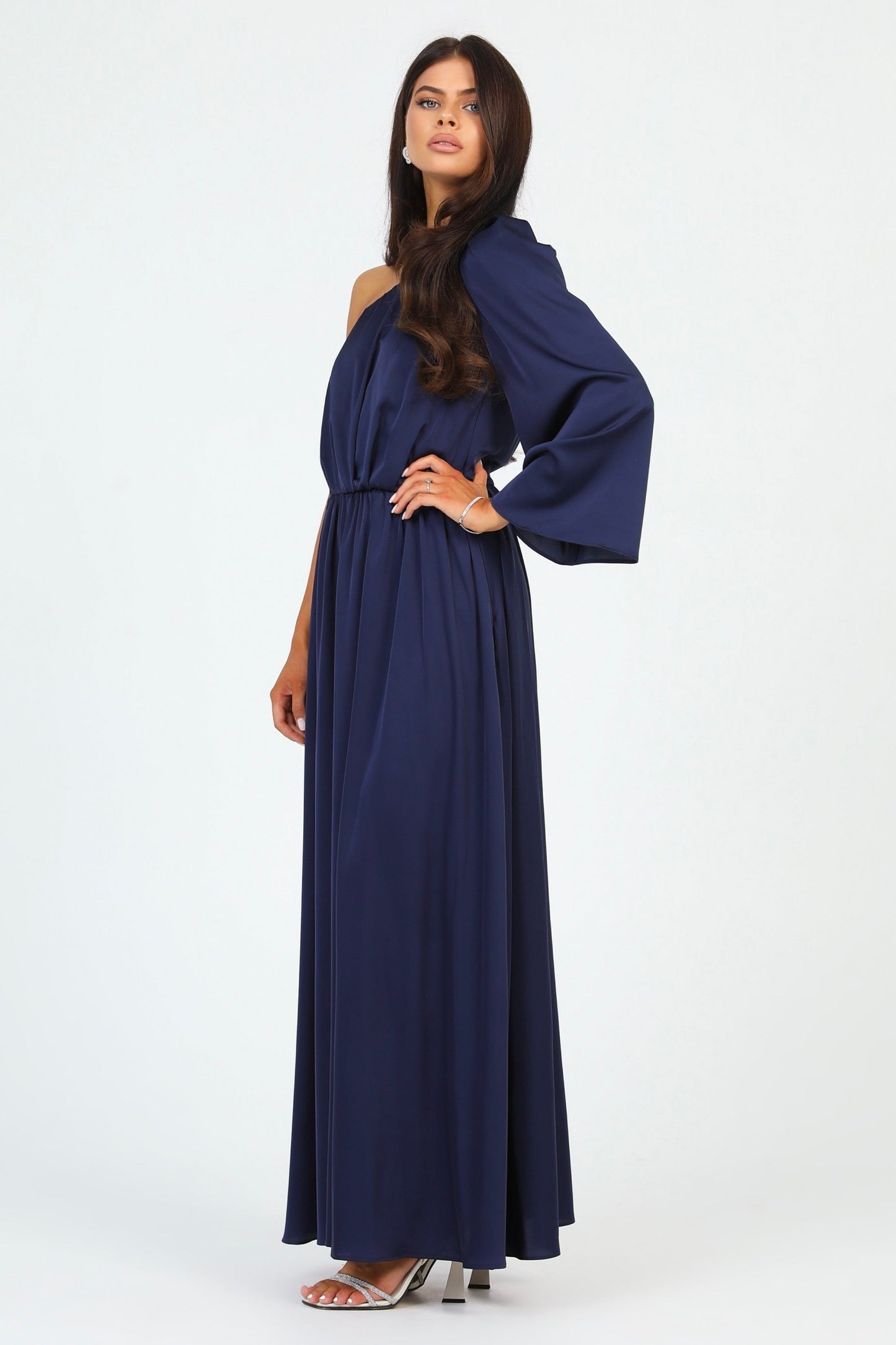 Navy Silk Satin Dress One Shoulder