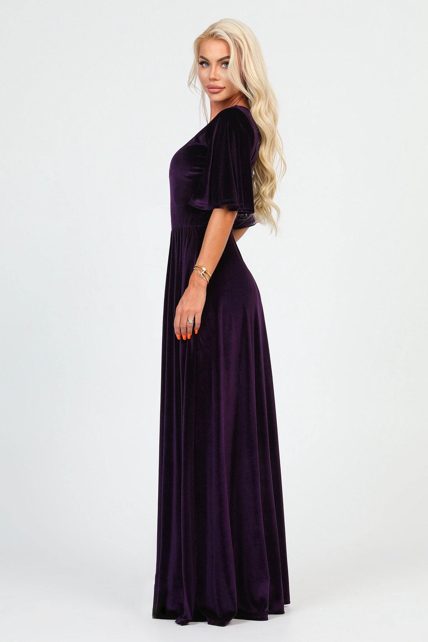 Plum Velvet Round Neckline Dress Flutter Sleeves