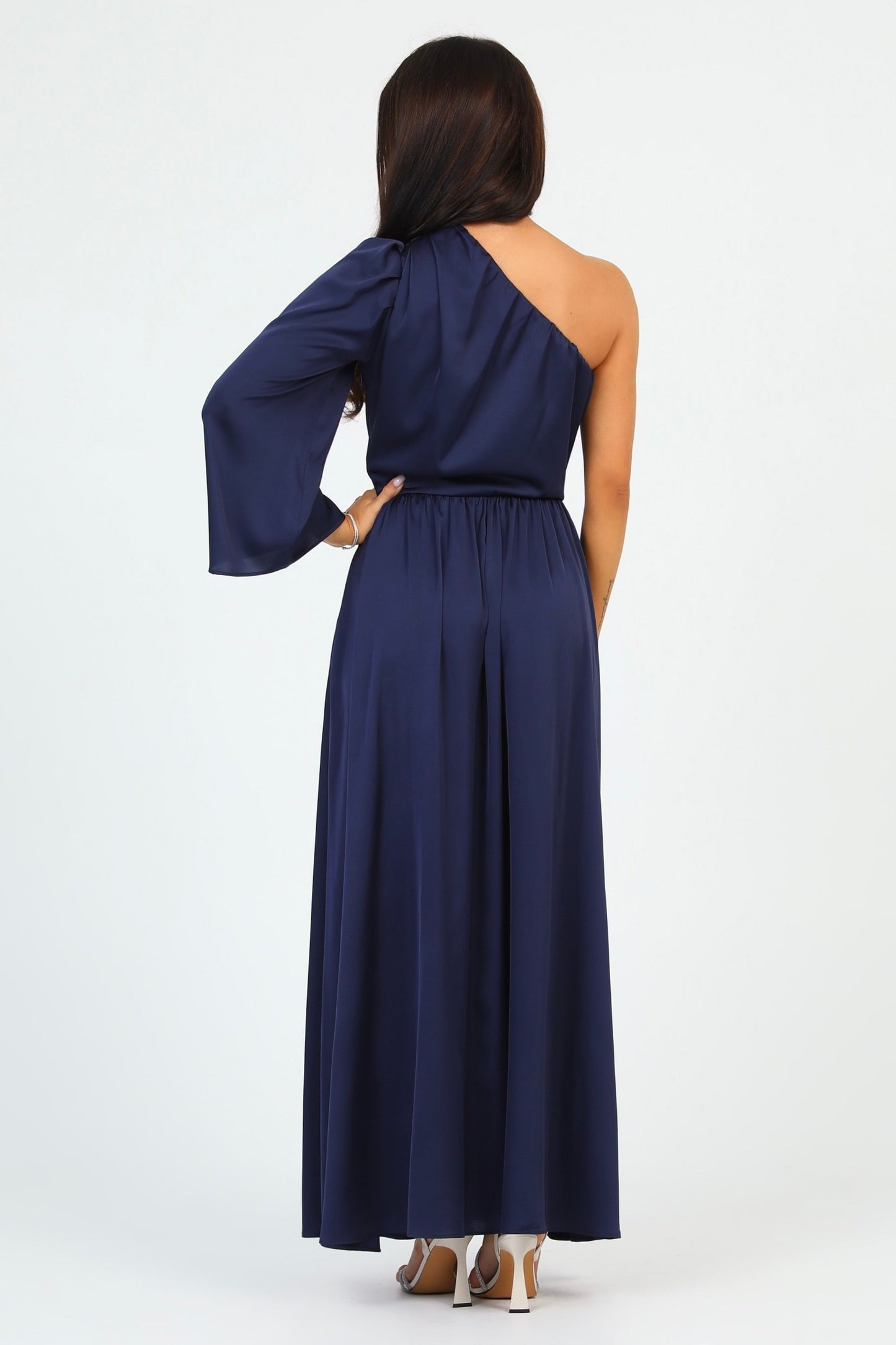 Navy Silk Satin Dress One Shoulder