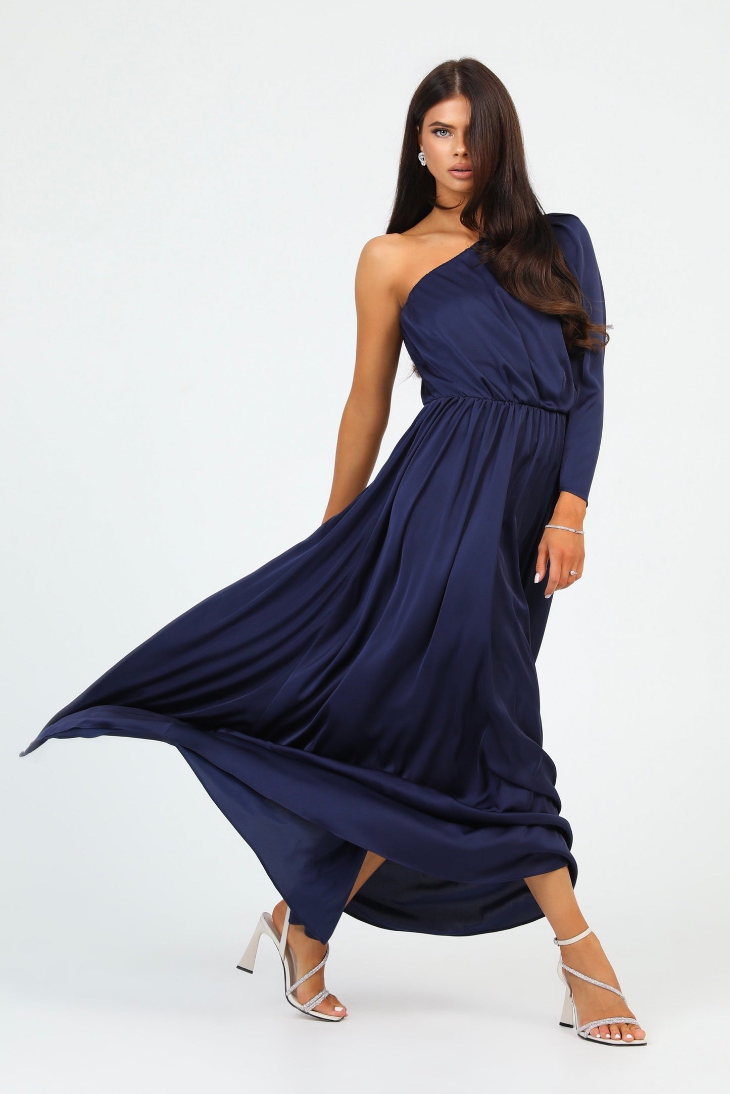 Navy Silk Satin Dress One Shoulder