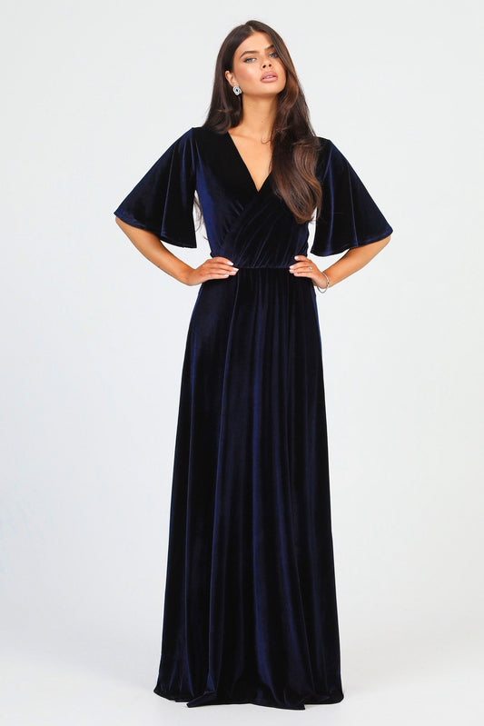 Navy Velvet Wrap V Neckline Dress Flutter Sleeves