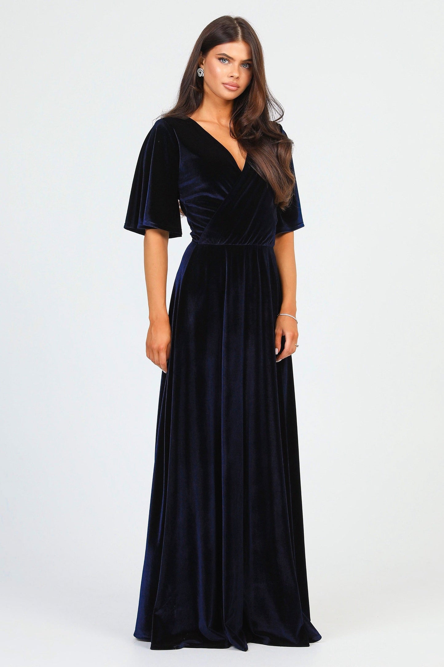 Navy Velvet Wrap V Neckline Dress Flutter Sleeves