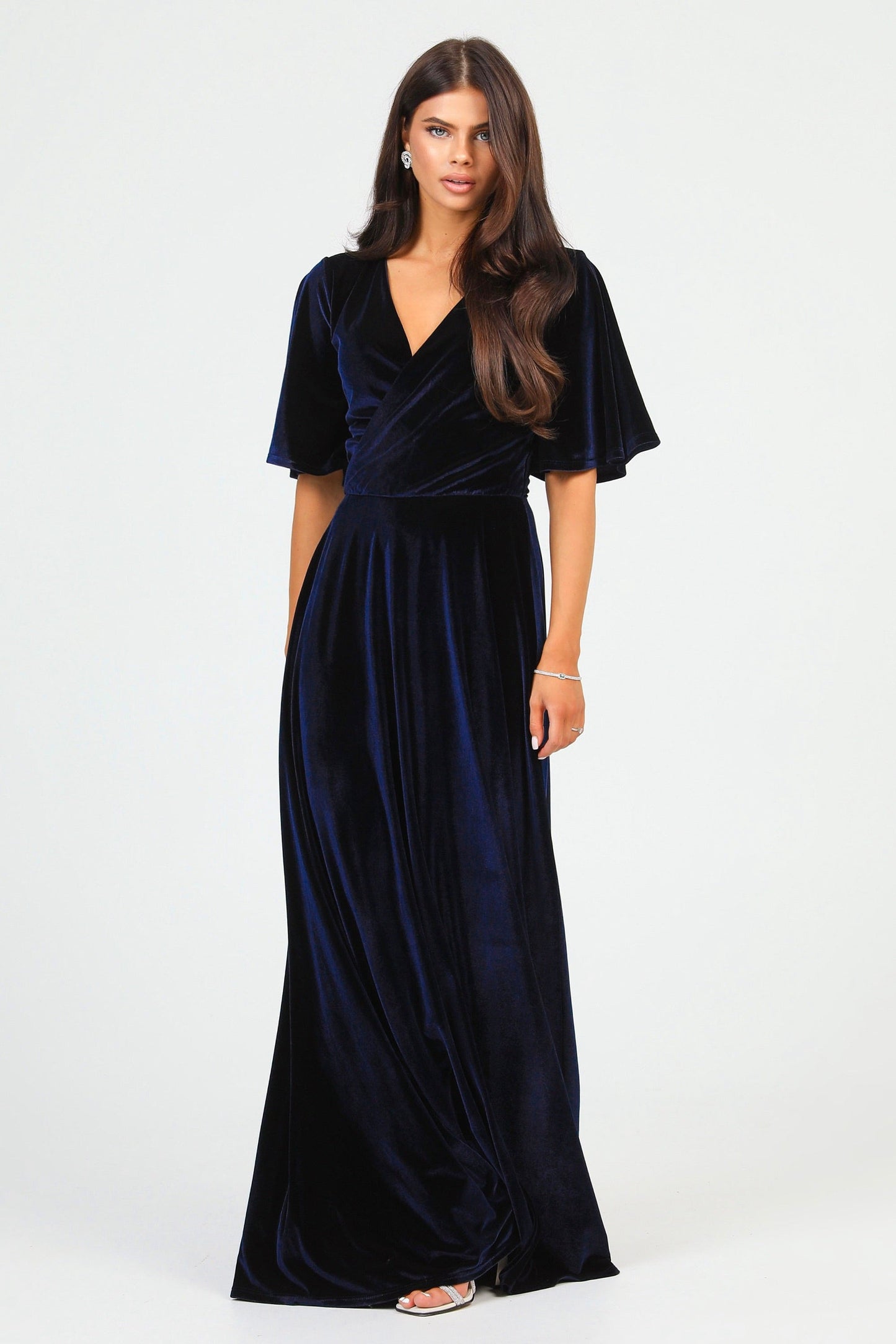 Navy Velvet Wrap V Neckline Dress Flutter Sleeves