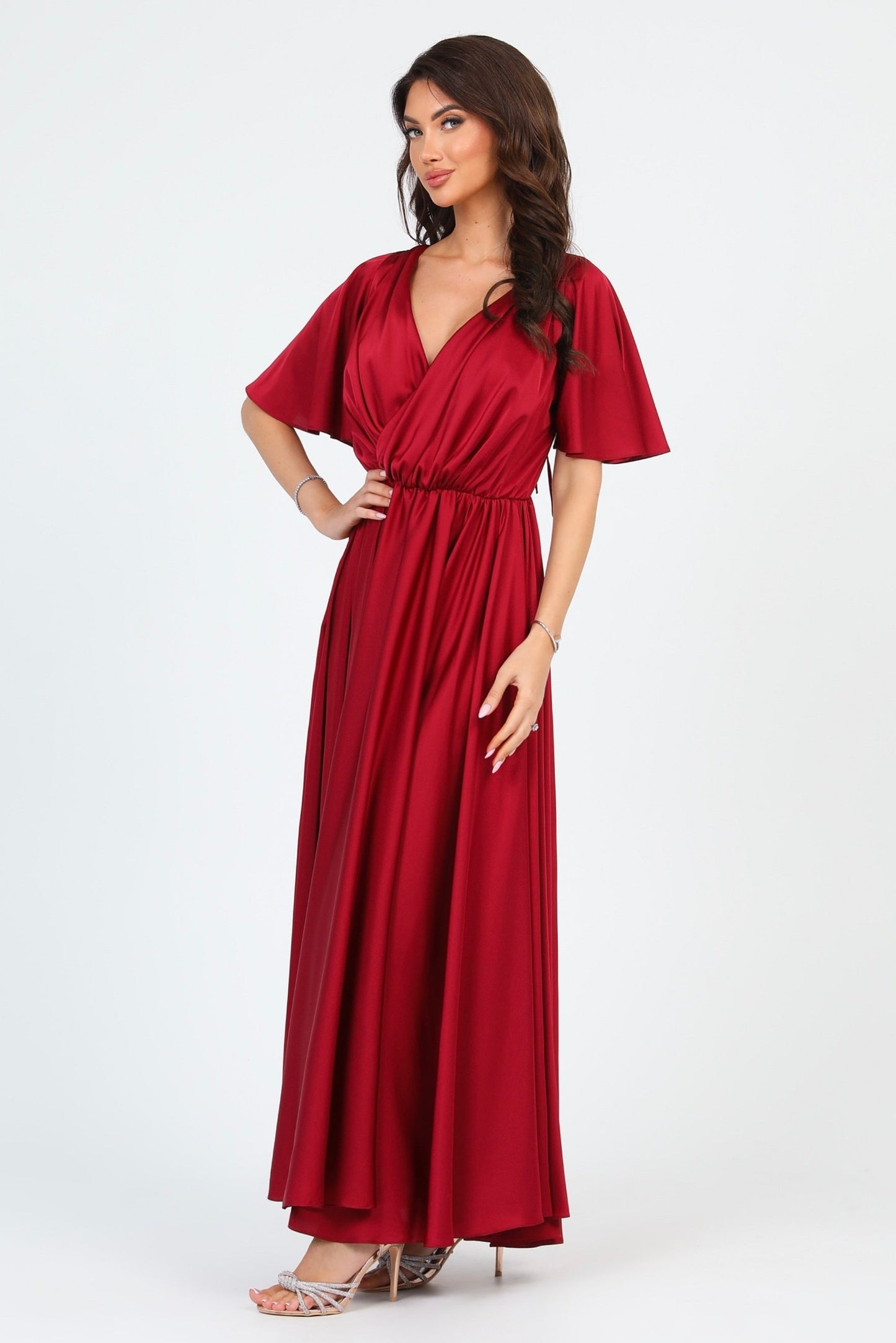 Burgundy Silk Satin Dress Wrap V Neckline