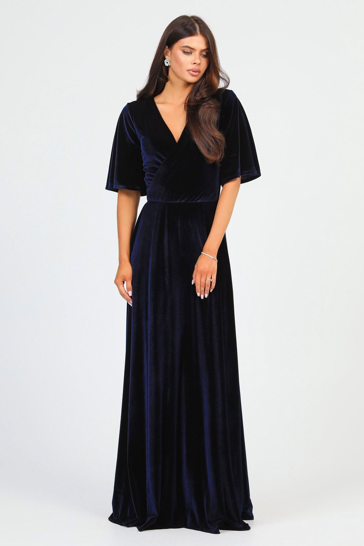 Navy Velvet Wrap V Neckline Dress Flutter Sleeves