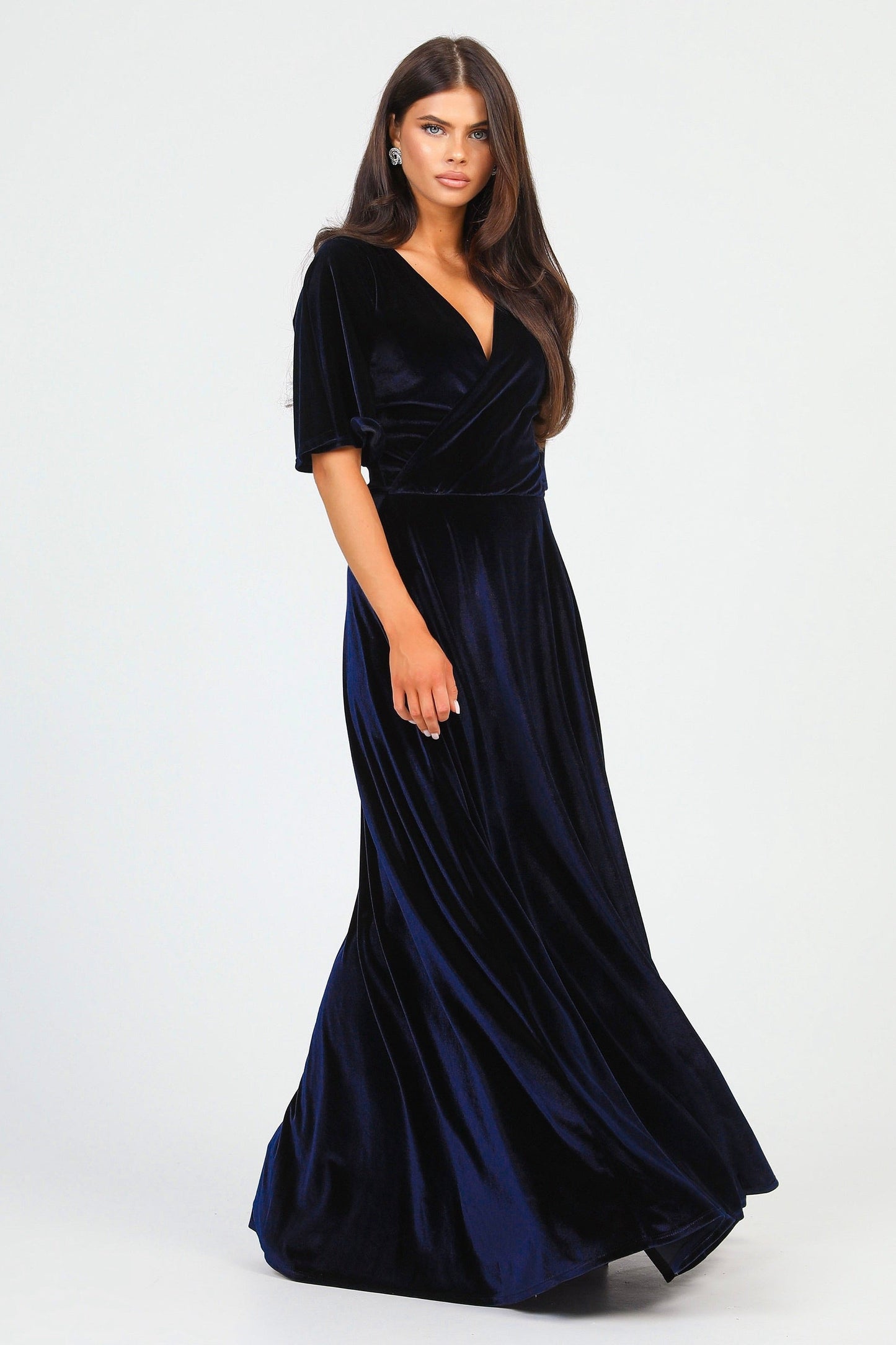 Navy Velvet Wrap V Neckline Dress Flutter Sleeves