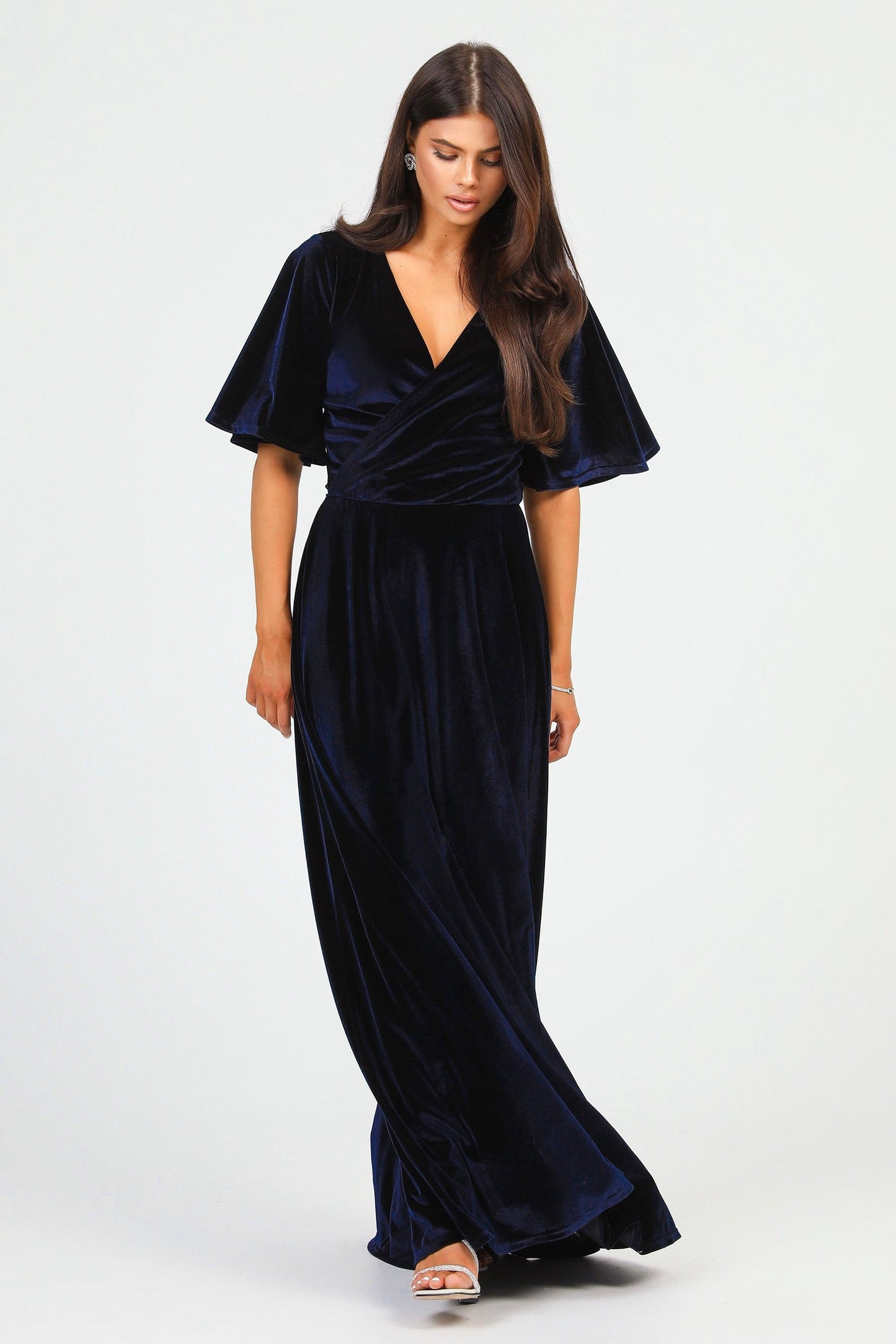 Navy Velvet Wrap V Neckline Dress Flutter Sleeves