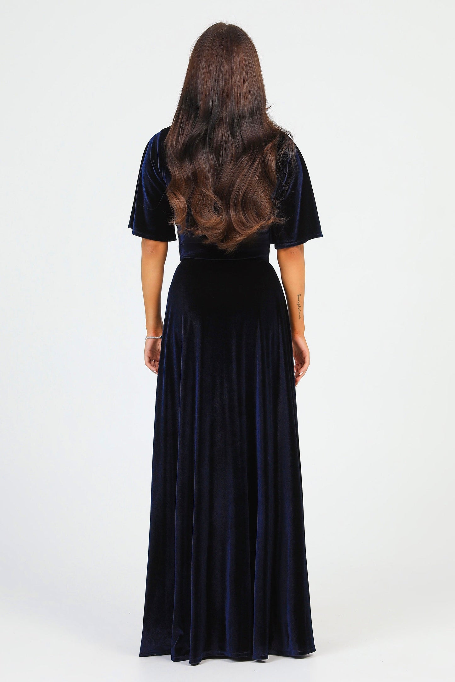 Navy Velvet Wrap V Neckline Dress Flutter Sleeves