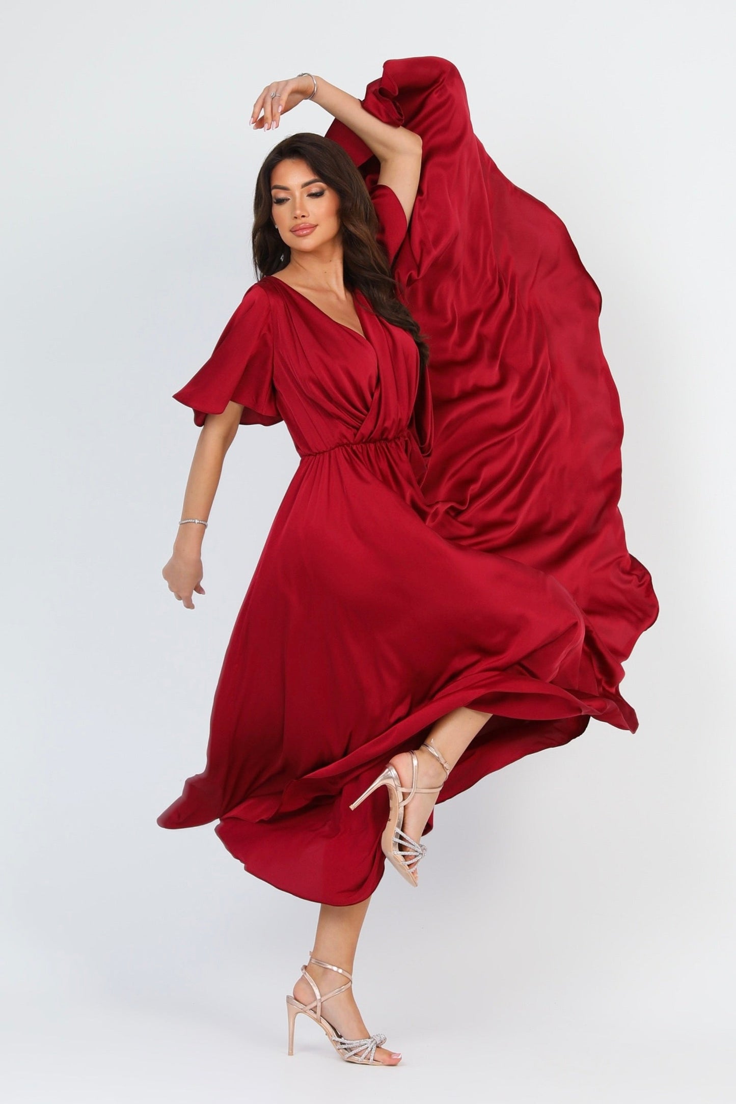 Burgundy Silk Satin Dress Wrap V Neckline