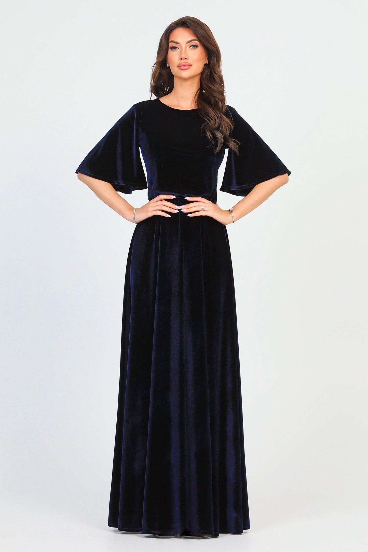 Navy Velvet Round Neckline Dress Flutter Sleeves